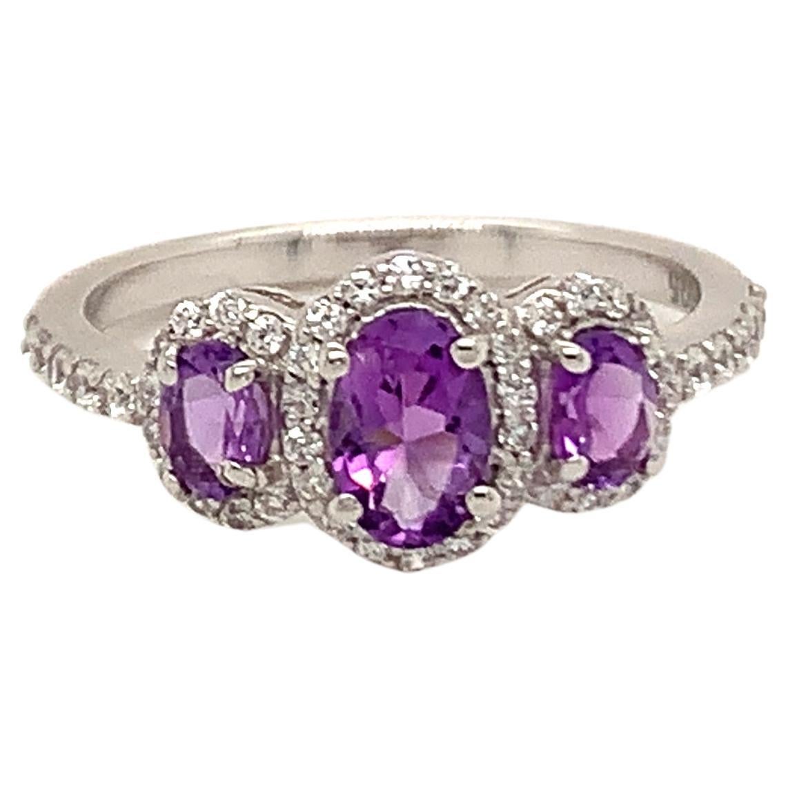 Oval Natural Amethyst And CZ Rhodium over Sterling Silver Ring For Sale