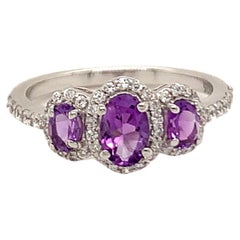 Oval Natural Amethyst And CZ Rhodium over Sterling Silver Ring