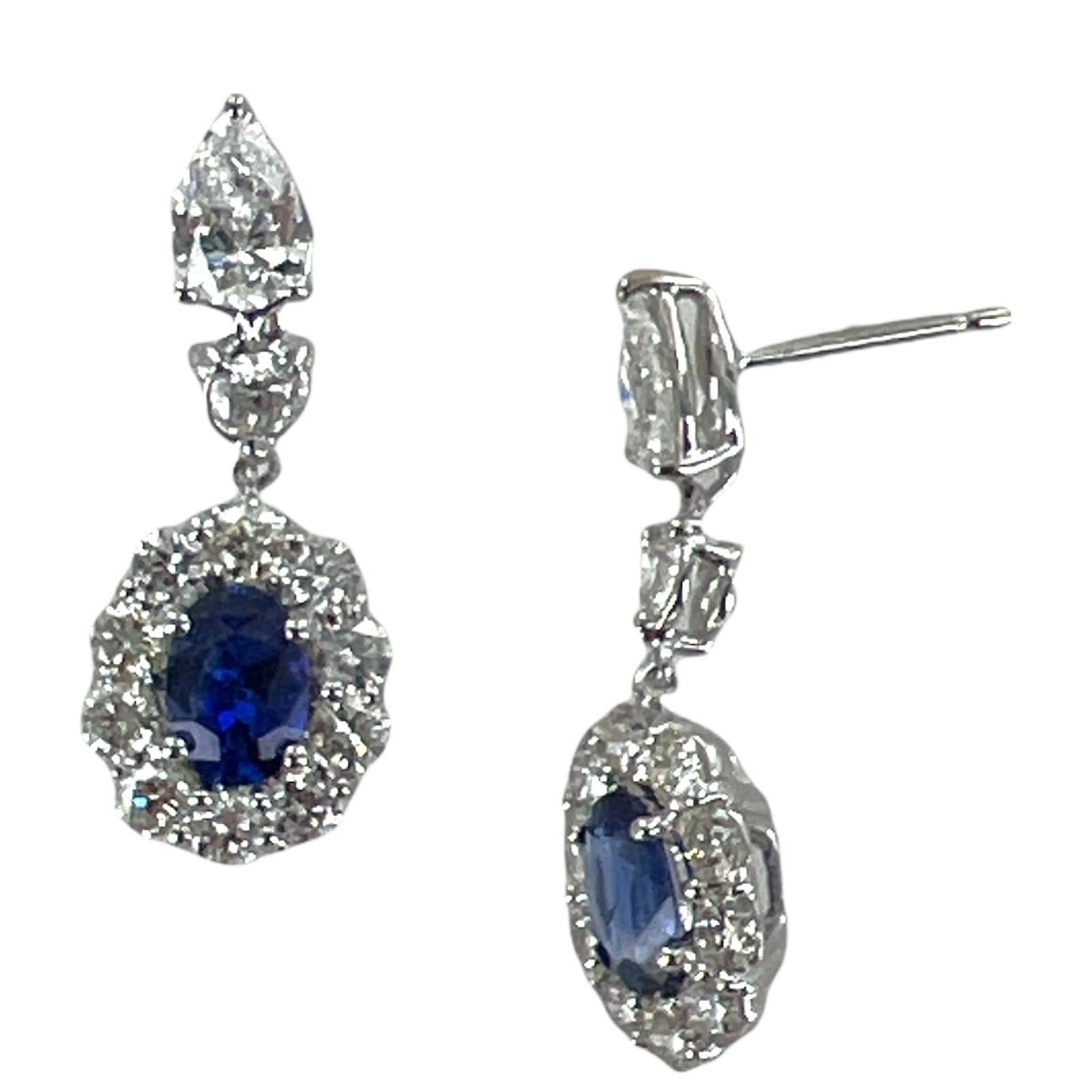 Modern Oval Natural Blue Ceylon Sapphire Diamond 18 Karat White Gold Drop Earrings