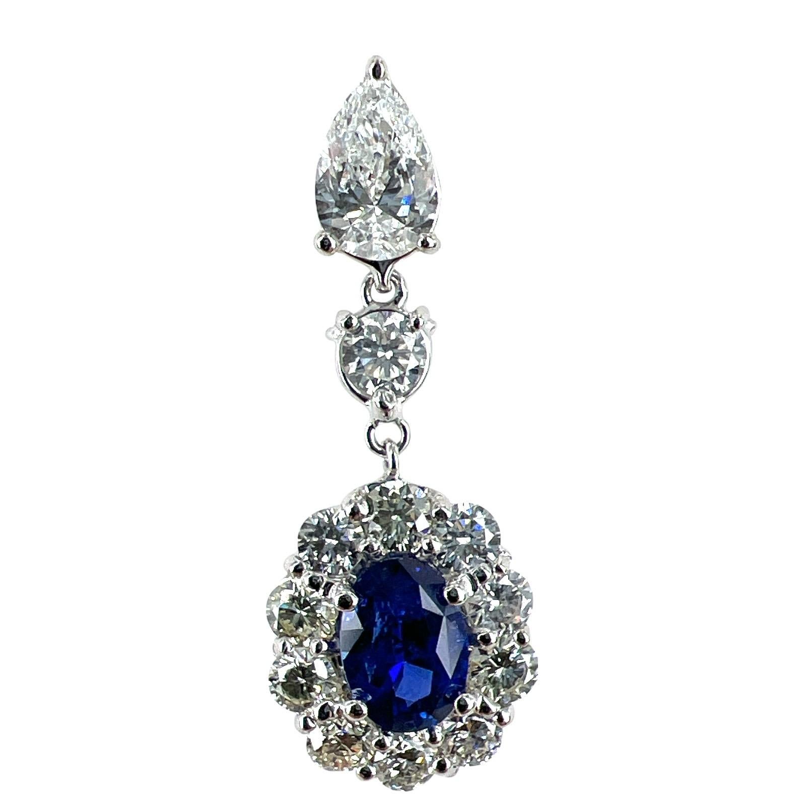 Oval Cut Oval Natural Blue Ceylon Sapphire Diamond 18 Karat White Gold Drop Earrings
