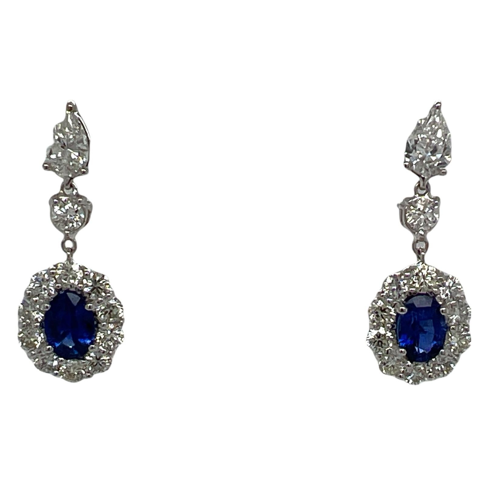 Oval Natural Blue Ceylon Sapphire Diamond 18 Karat White Gold Drop Earrings In New Condition In Boca Raton, FL