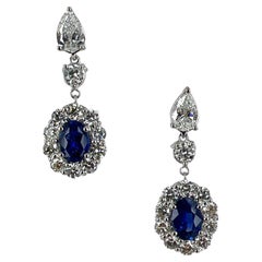 Oval Natural Blue Ceylon Sapphire Diamond 18 Karat White Gold Drop Earrings