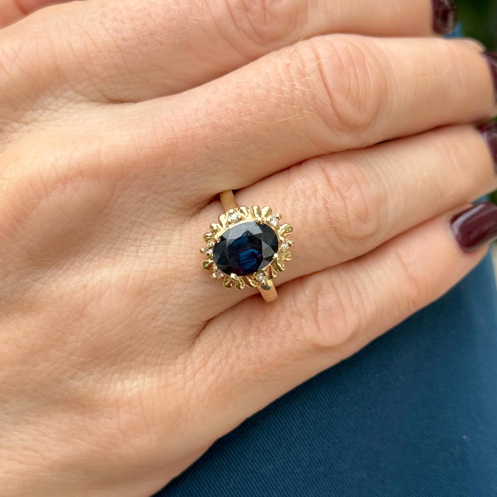 Oval Cut Oval Natural Blue Sapphire Diamond 14 Karat Yellow Gold Cocktail Ring For Sale