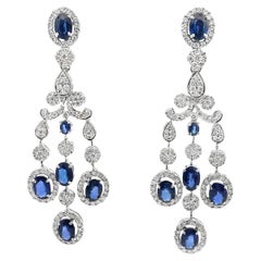 Oval Natural Blue Sapphire & Diamond Chandelier Drop Earrings 18K White Gold