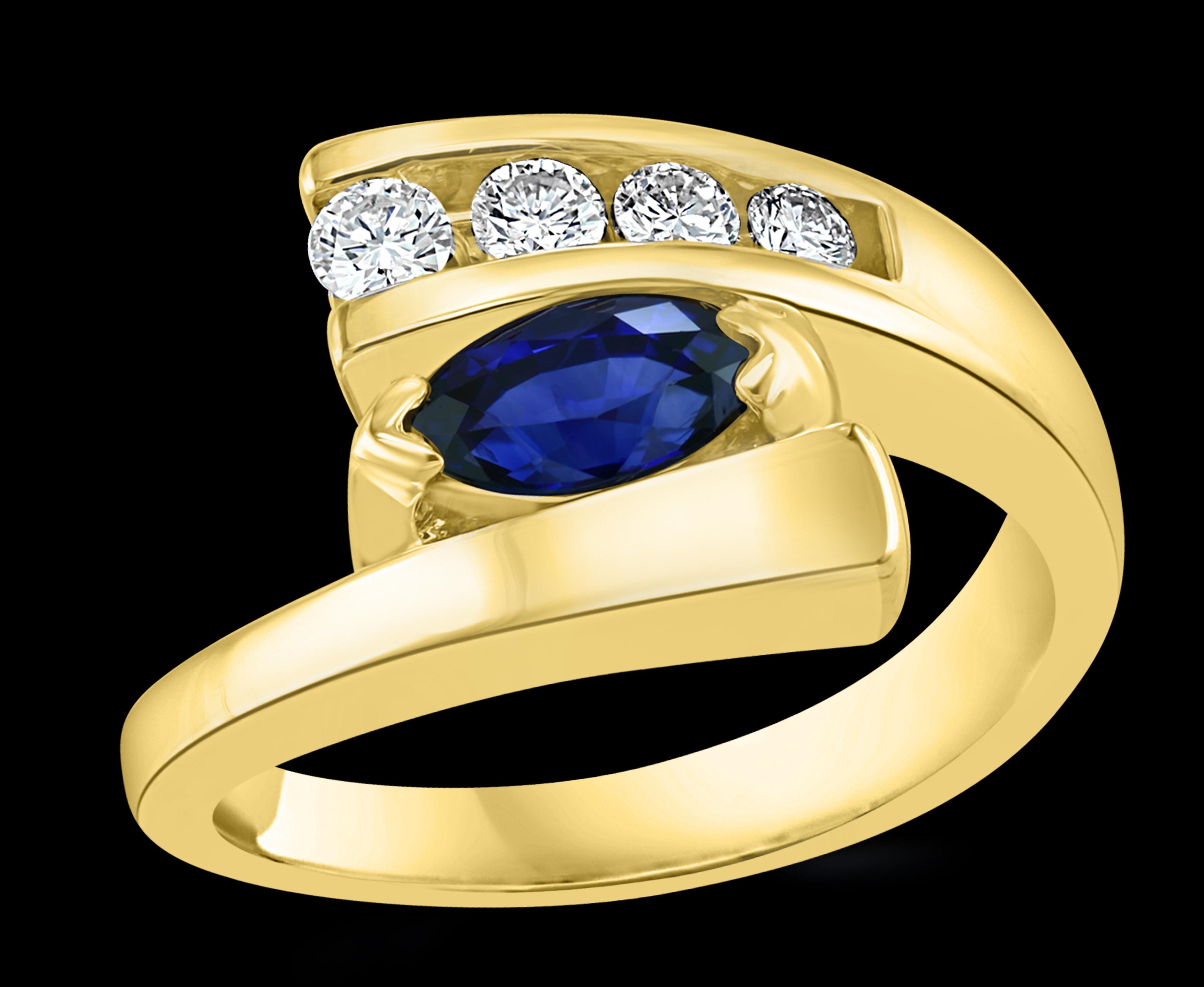 Oval Natural  Blue Sapphire & Diamond Engagement Ring in 14 Karat Yellow Gold
Approximately 1/2 Ct Oval Blue Sapphire 
4 Round Brilliant cut diamond 
14 Karat yellow Gold 6.3 Grams
Ring Size 4 ( it can be resized to any size for free of
