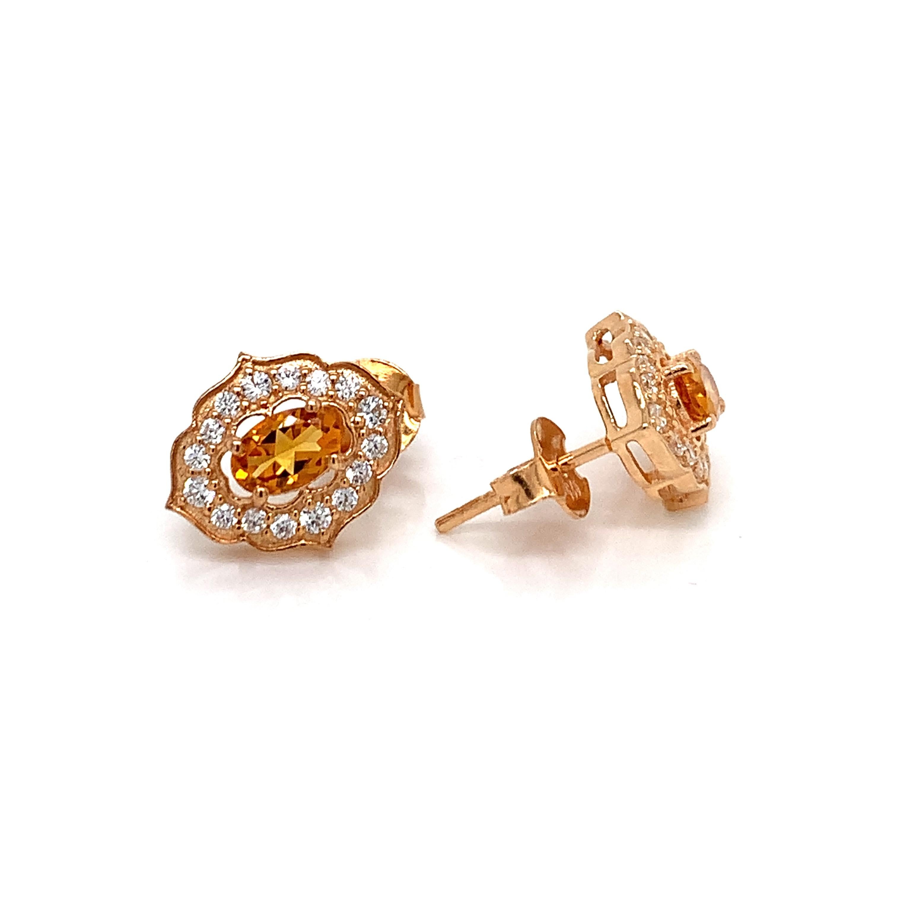 Oval Cut Oval  Natural Citrine And CZ Rose Gold Over Sterling Silver Earrings For Sale