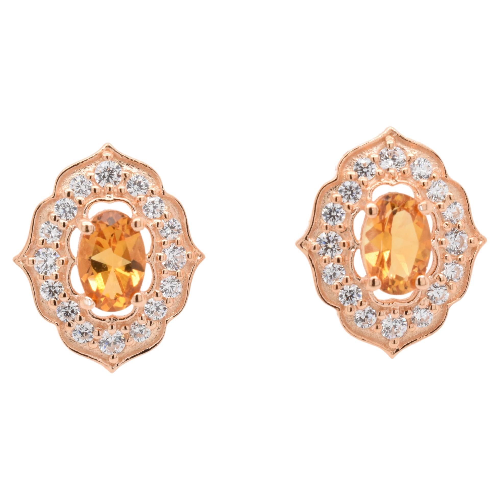 Oval  Natural Citrine And CZ Rose Gold Over Sterling Silver Earrings For Sale