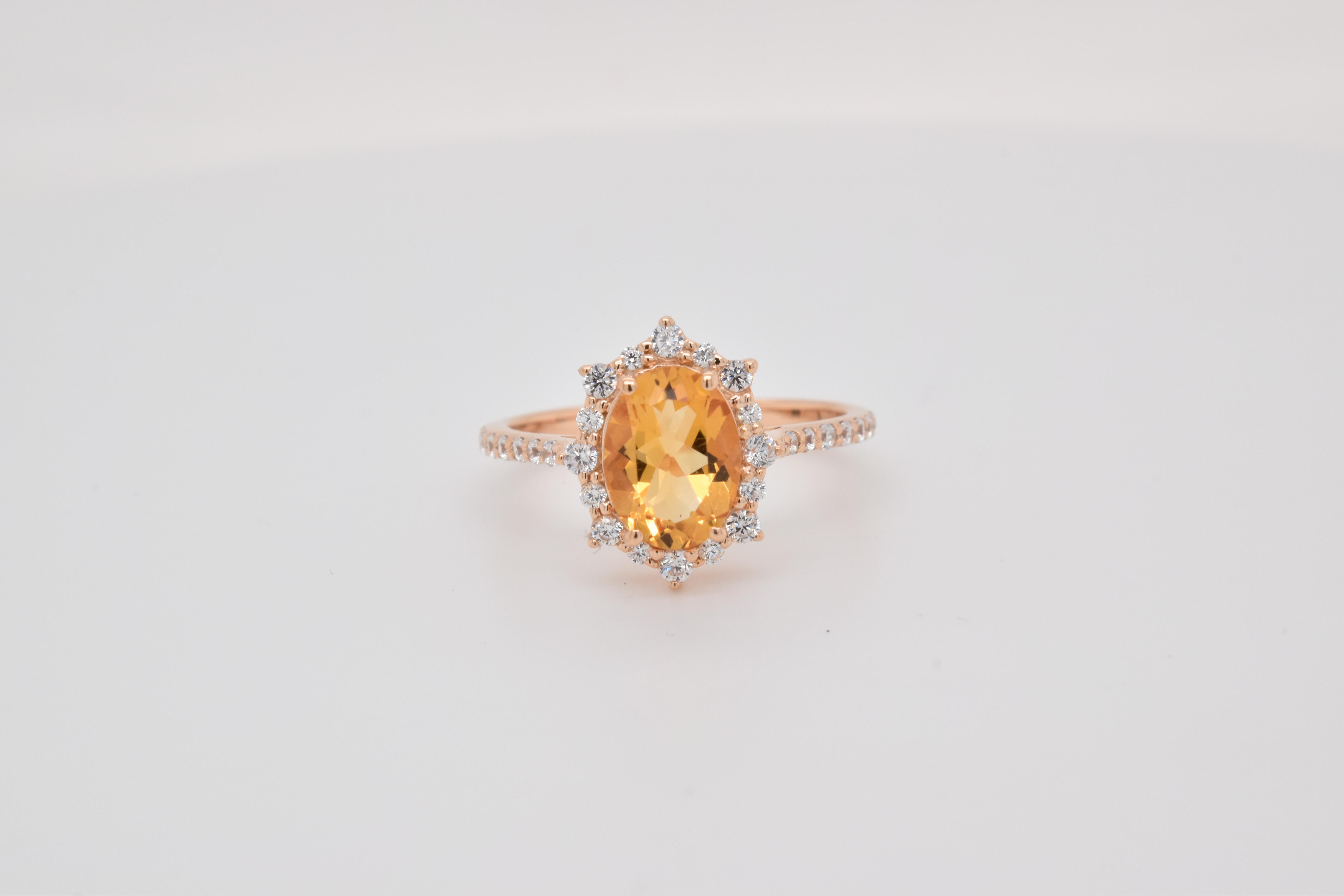 Oval Natural Citrine And CZ Rose Gold Over Sterling Silver Ring In New Condition For Sale In Fort Lee, NJ