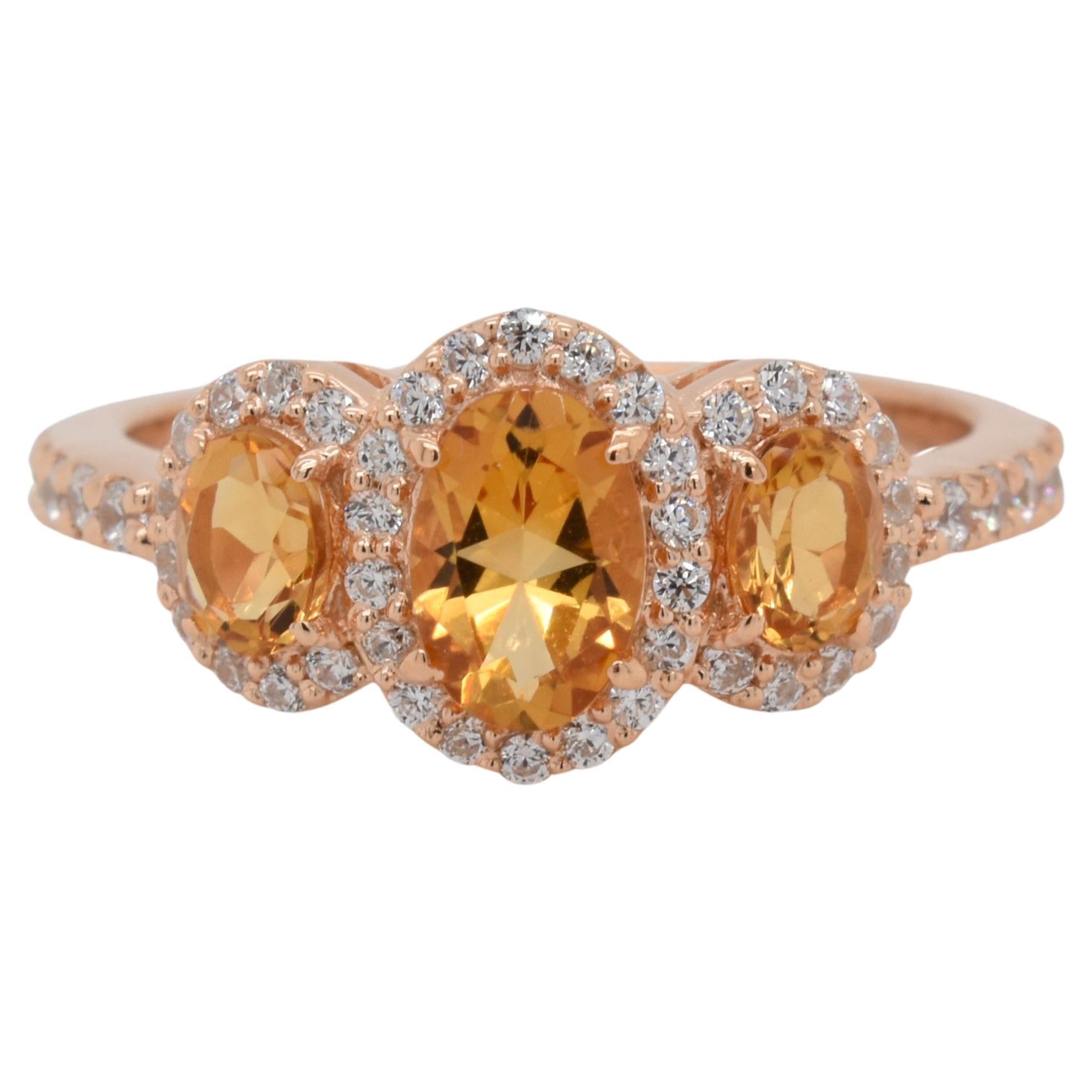 Oval Natural Citrine and CZ Rose Gold over Sterling Silver Ring For Sale