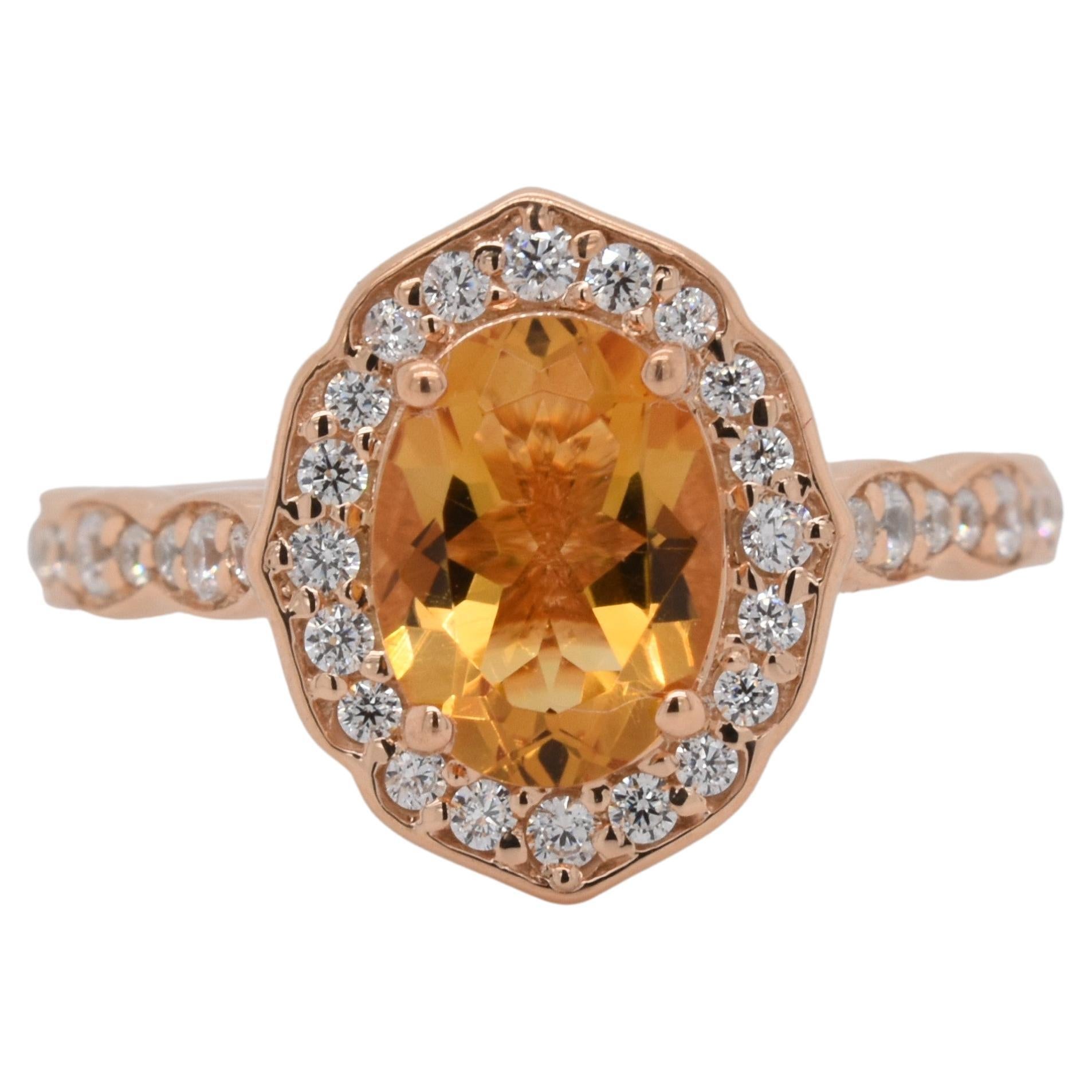 Oval Natural Citrine And CZ Rose Gold over Sterling Silver Ring For Sale