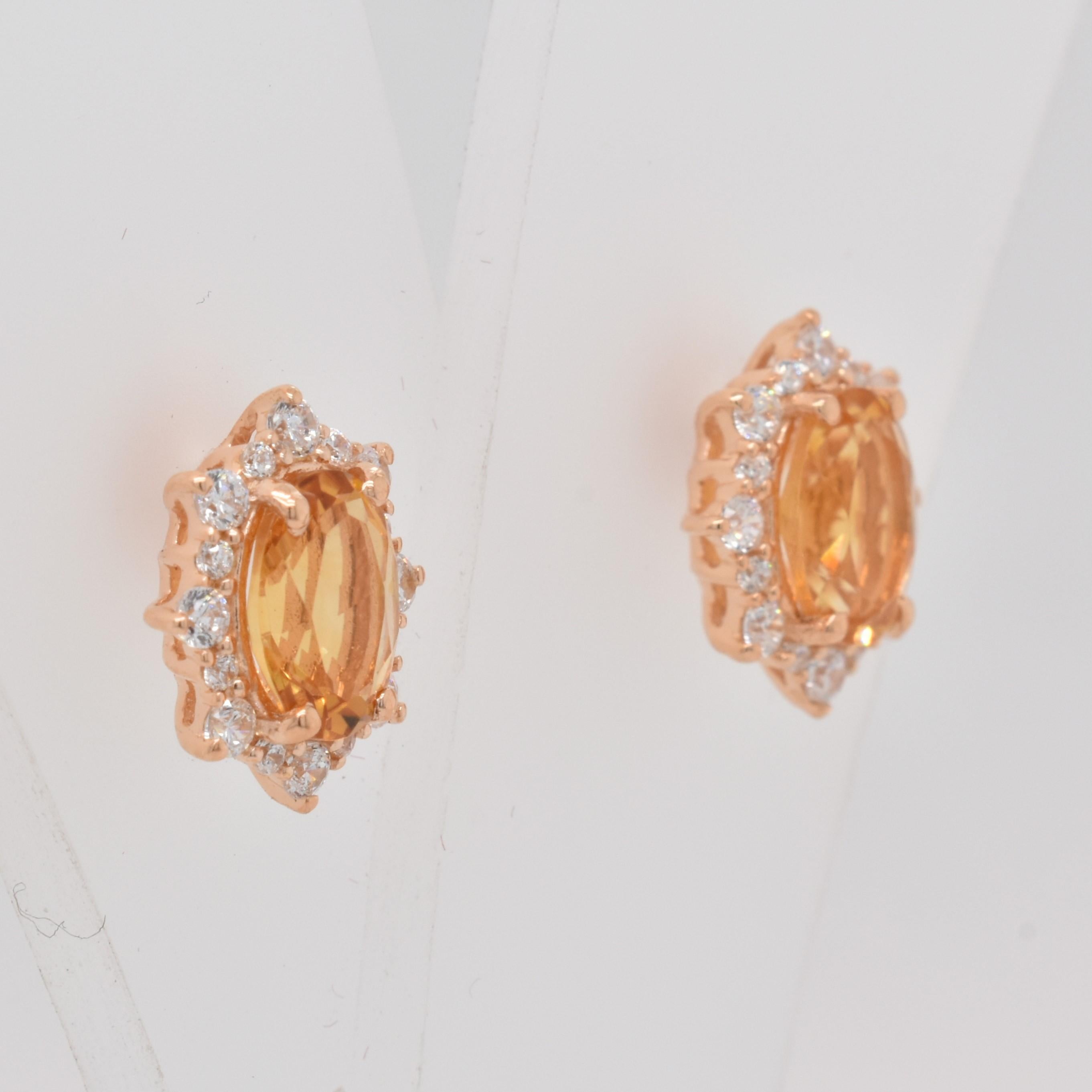 Oval Cut Oval Natural Citrine And CZ Rose Gold Over Sterling Silver Earring For Sale