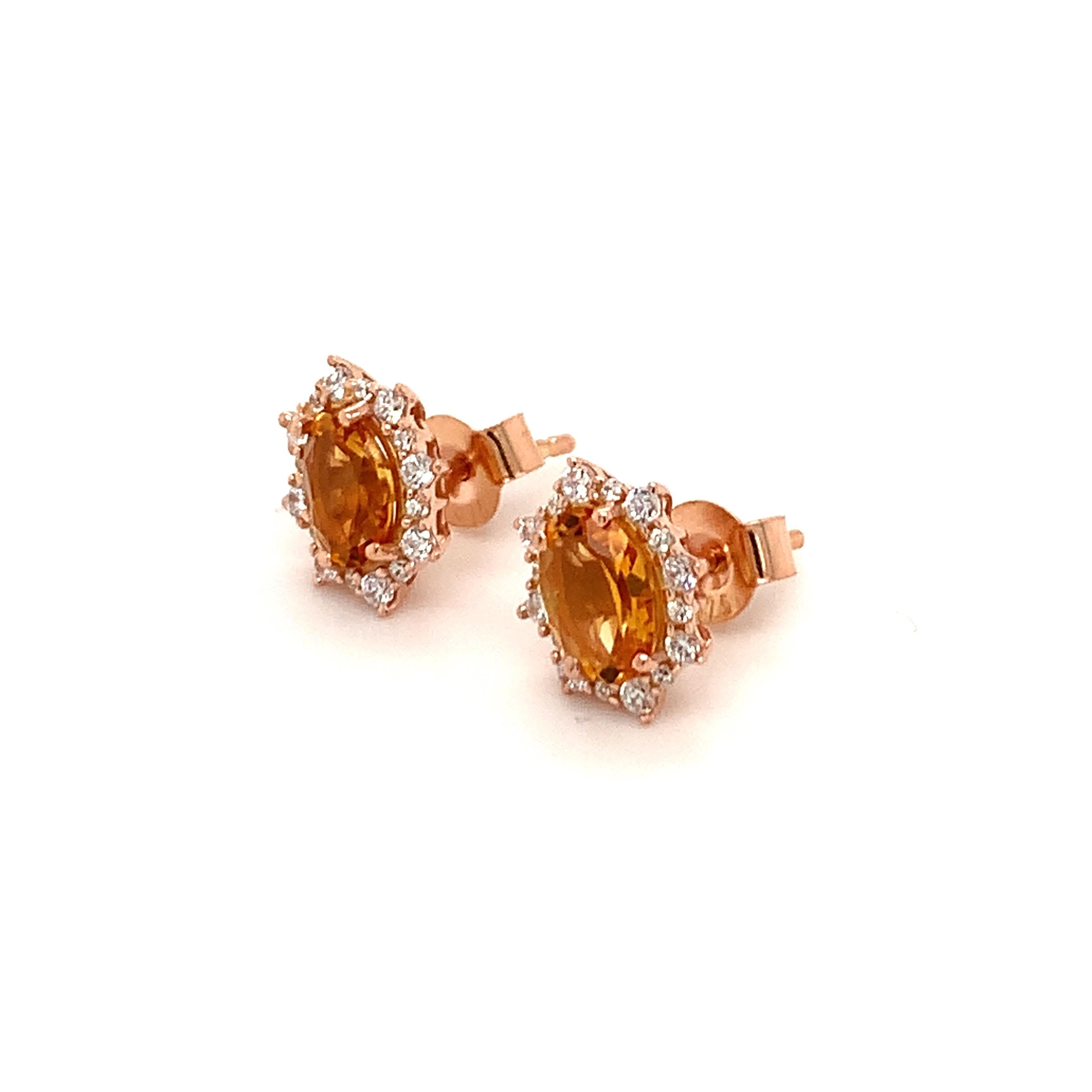 Oval Natural Citrine And CZ Rose Gold Over Sterling Silver Earring In New Condition For Sale In Fort Lee, NJ