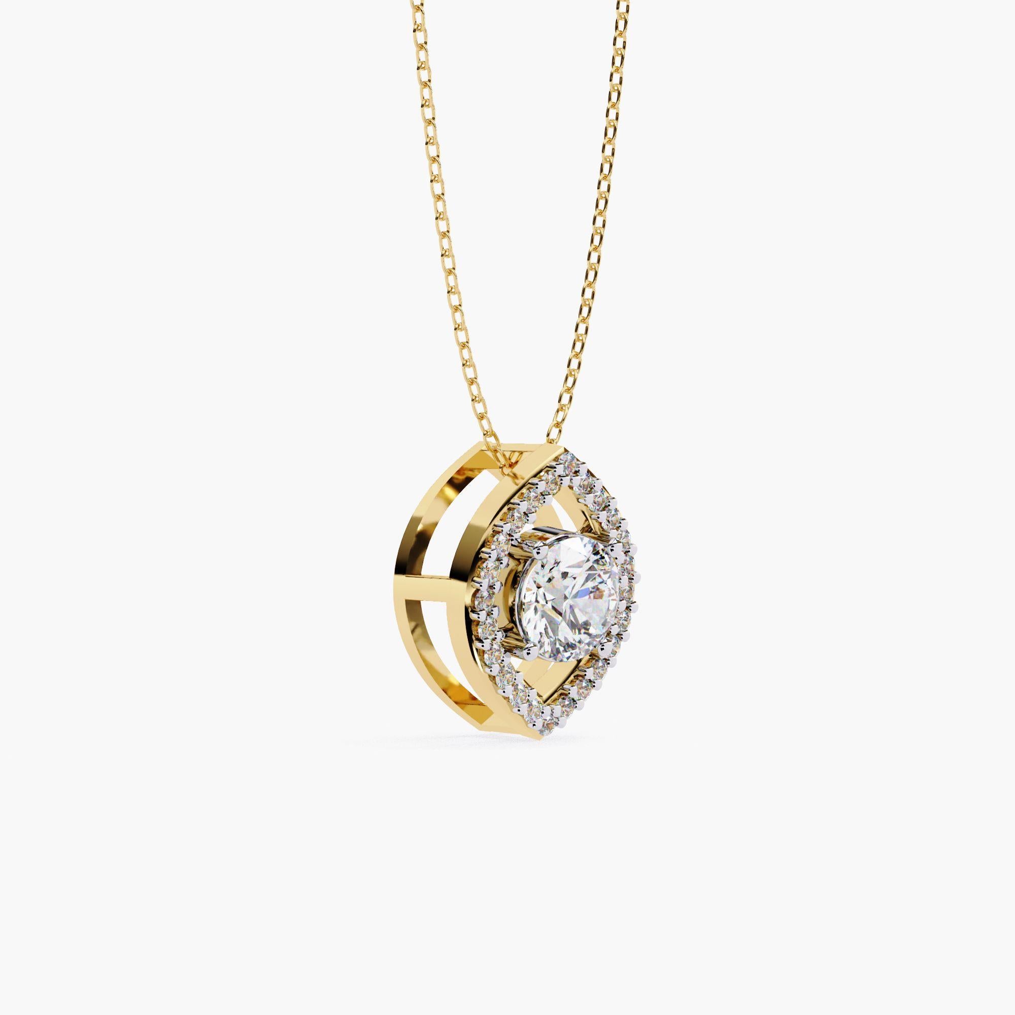 FEATURES
• Gold Kt: 14K
• Diamond Type: Natural Diamond
• Total CTW: 0.56ctw
• Total Number of Stones: 25 pc
• Center Diamond Cut: Round Cut
• Center Diamond Size: 0.48ct
• Diamond Color: SI or better
• Diamond Clarity: Near Colorless
• Pendant