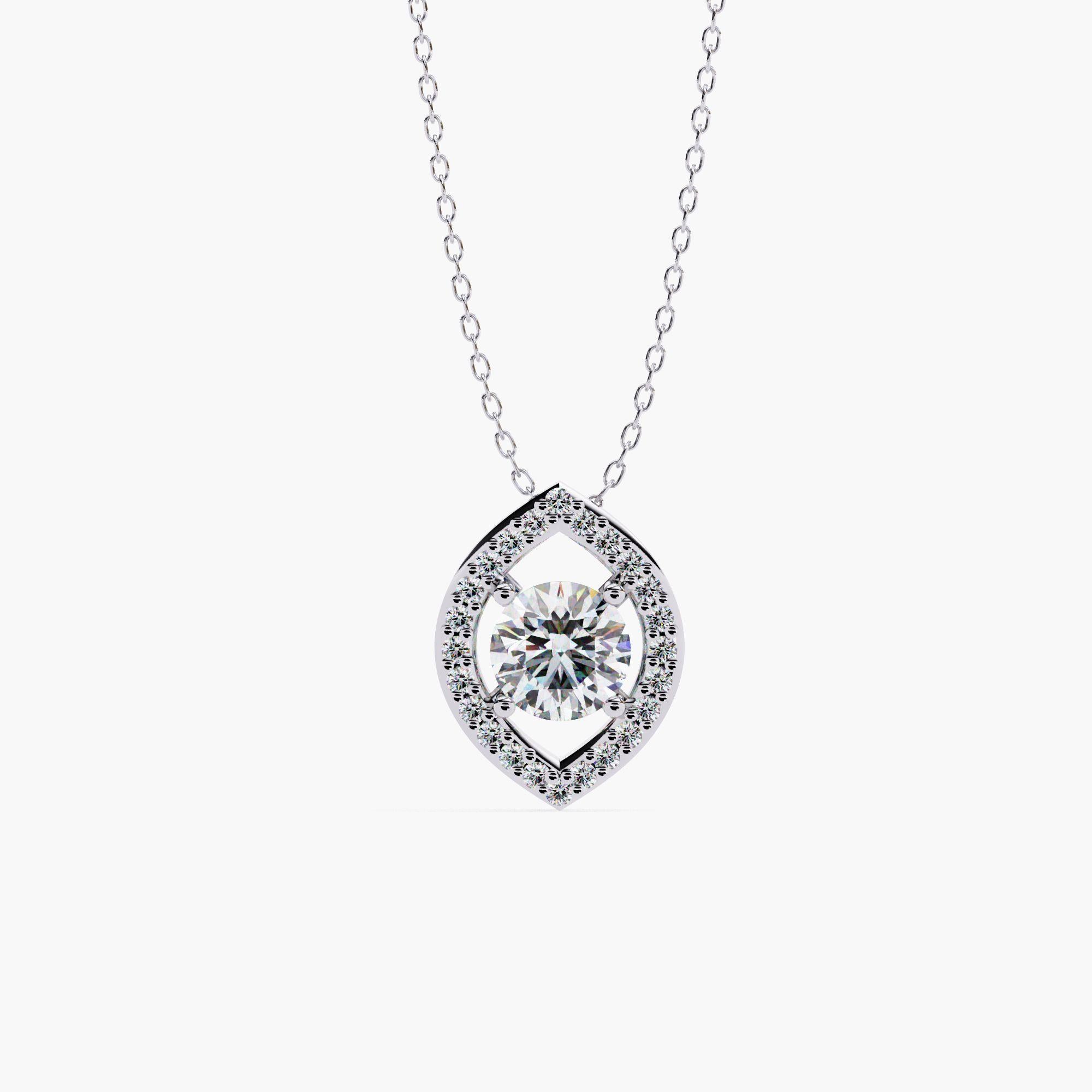 Round Cut Oval Natural Diamond Halo Pendant Necklace, 14k Solid Gold, SI GH For Sale