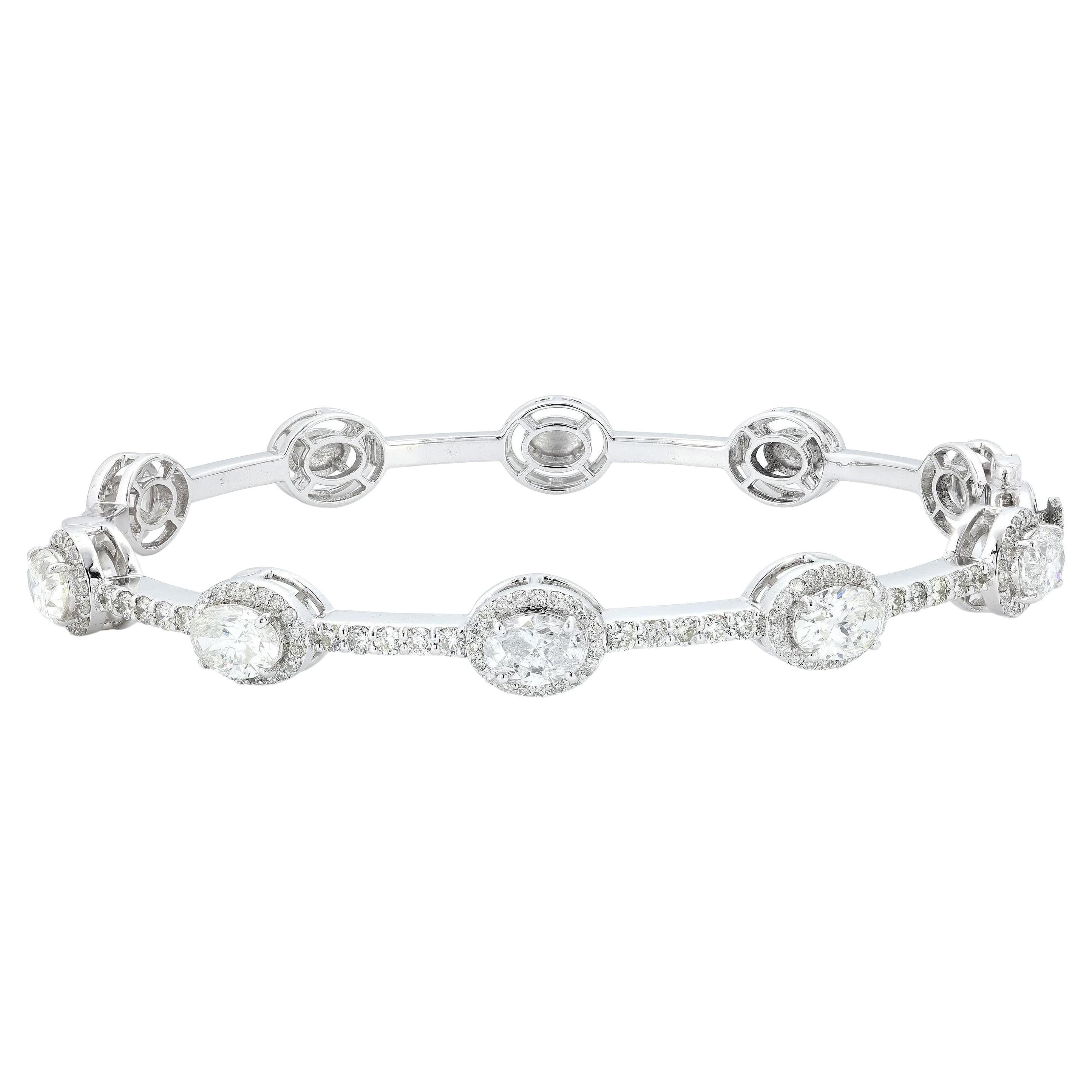 Oval Natural Diamond Halo Station Cuff Bracelet in 14K Solid Gold (Certified)