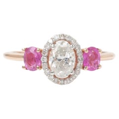 Anillo solitario ovalado de diamante natural y rubí en oro macizo de 14 quilates (certificado)