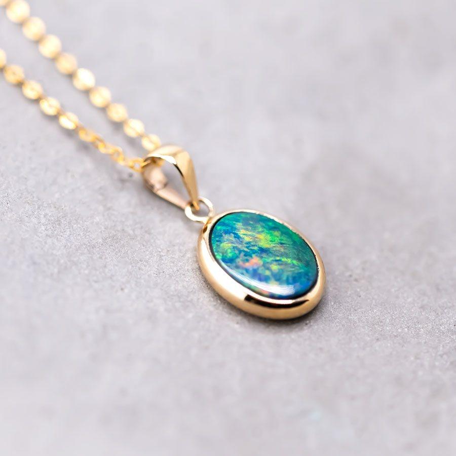 Oval Cut Oval Natural Doublet Opal Pendant Necklace 14k Yellow Gold For Sale