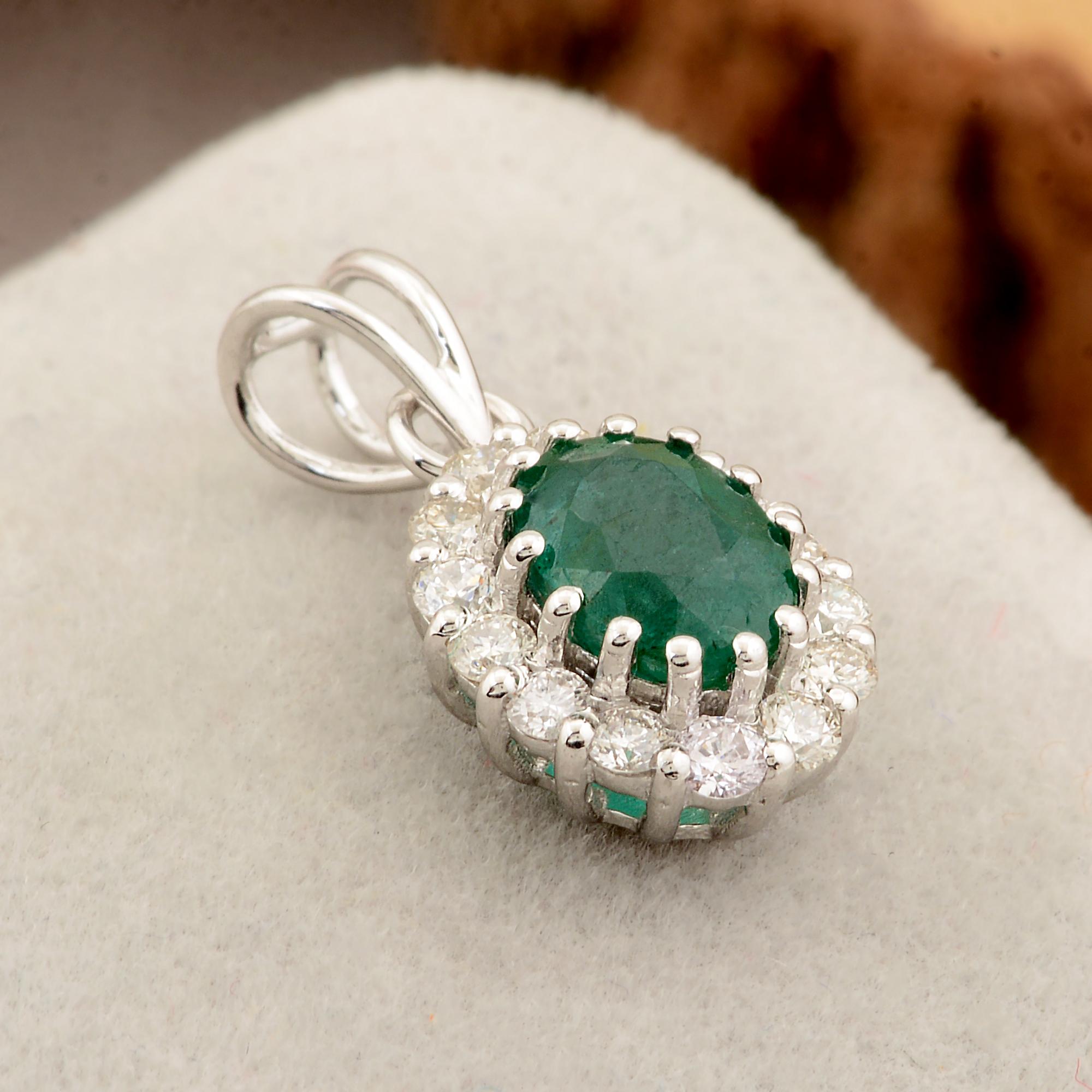 Modern Oval Natural Emerald Charm Pendant Pave Diamond Charm Pendant 14k White Gold For Sale