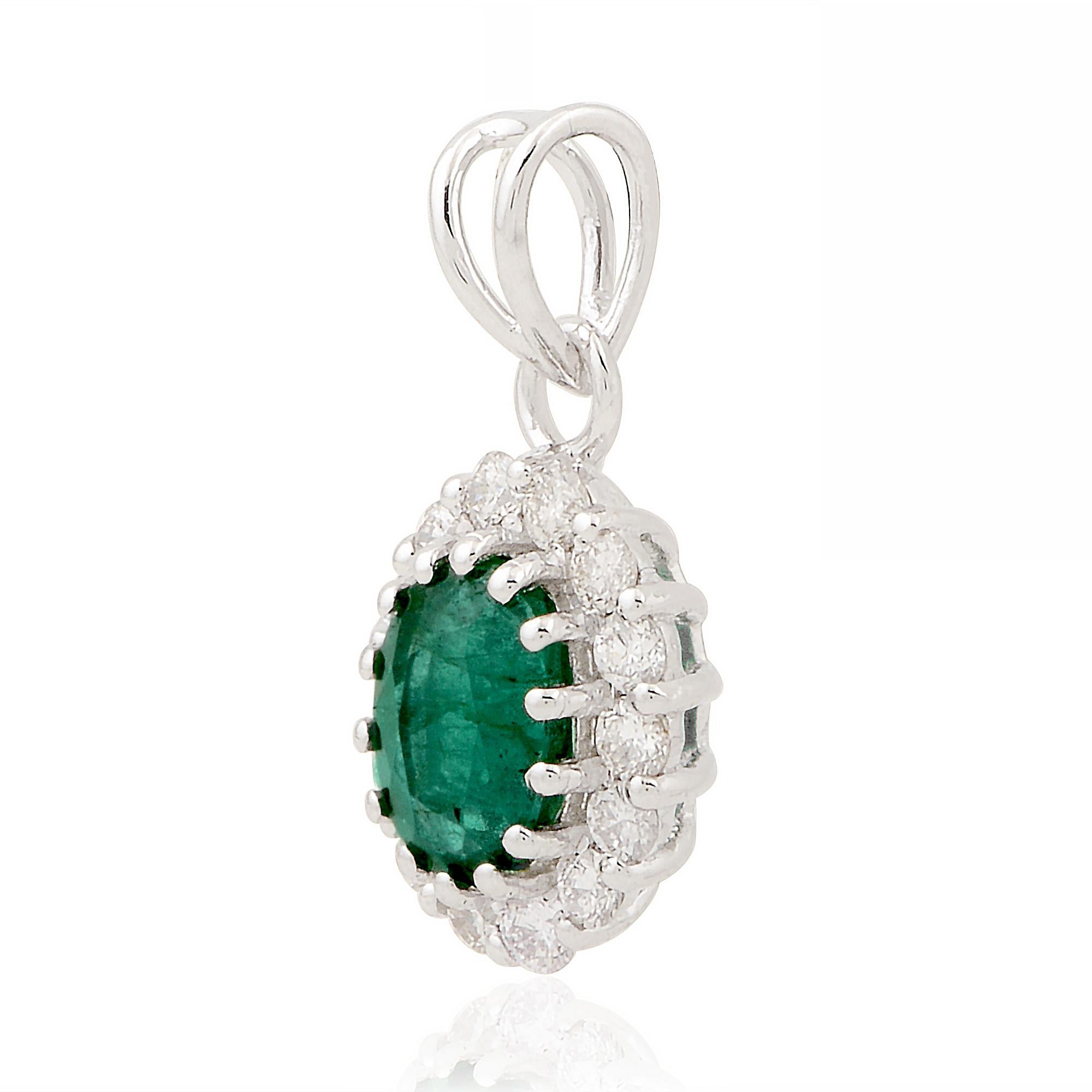 Women's Oval Natural Emerald Charm Pendant Pave Diamond Charm Pendant 14k White Gold For Sale