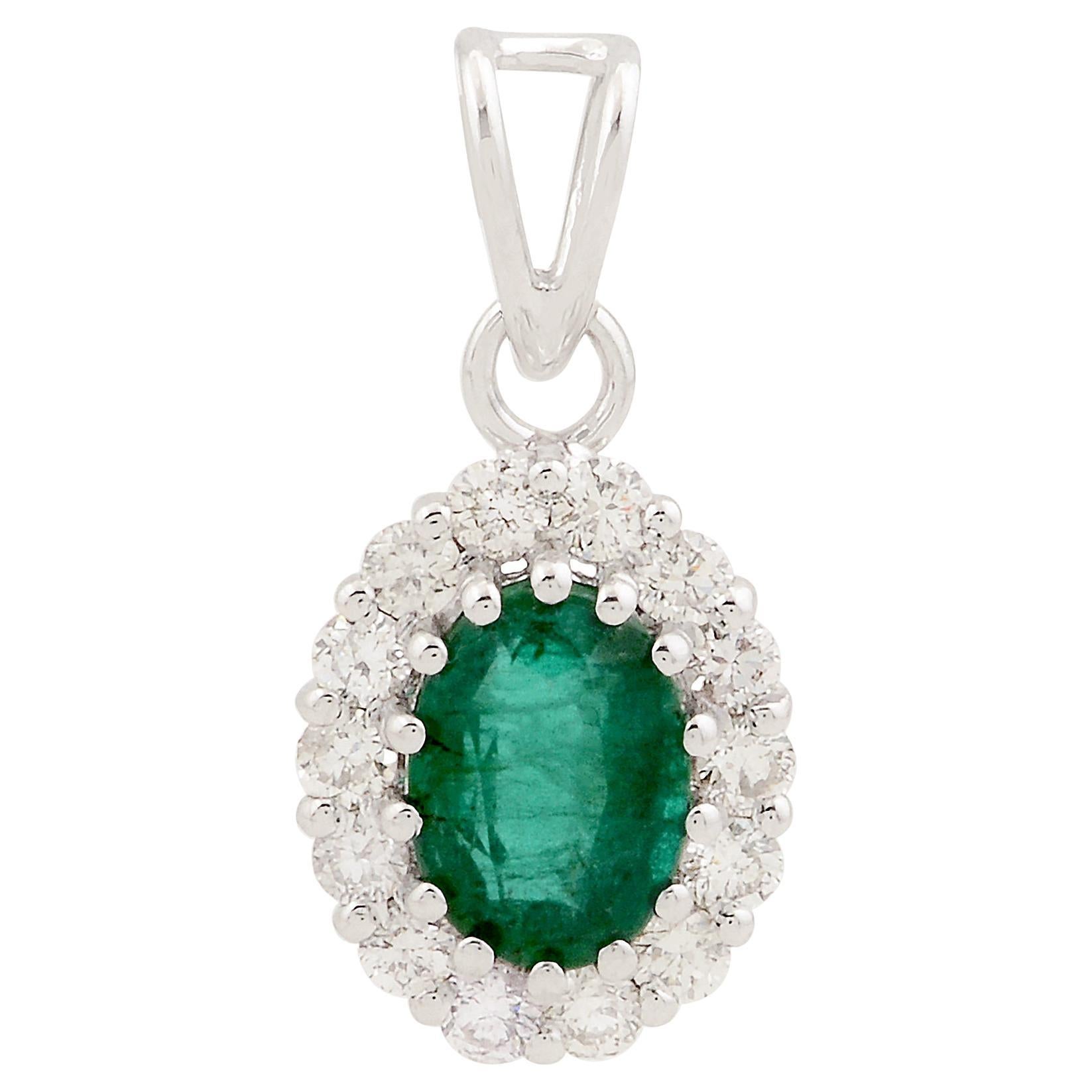 Oval Natural Emerald Charm Pendant Pave Diamond Charm Pendant 14k White Gold For Sale