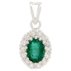 Oval Natural Emerald Charm Pendant Pave Diamond Charm Pendant 14k White Gold
