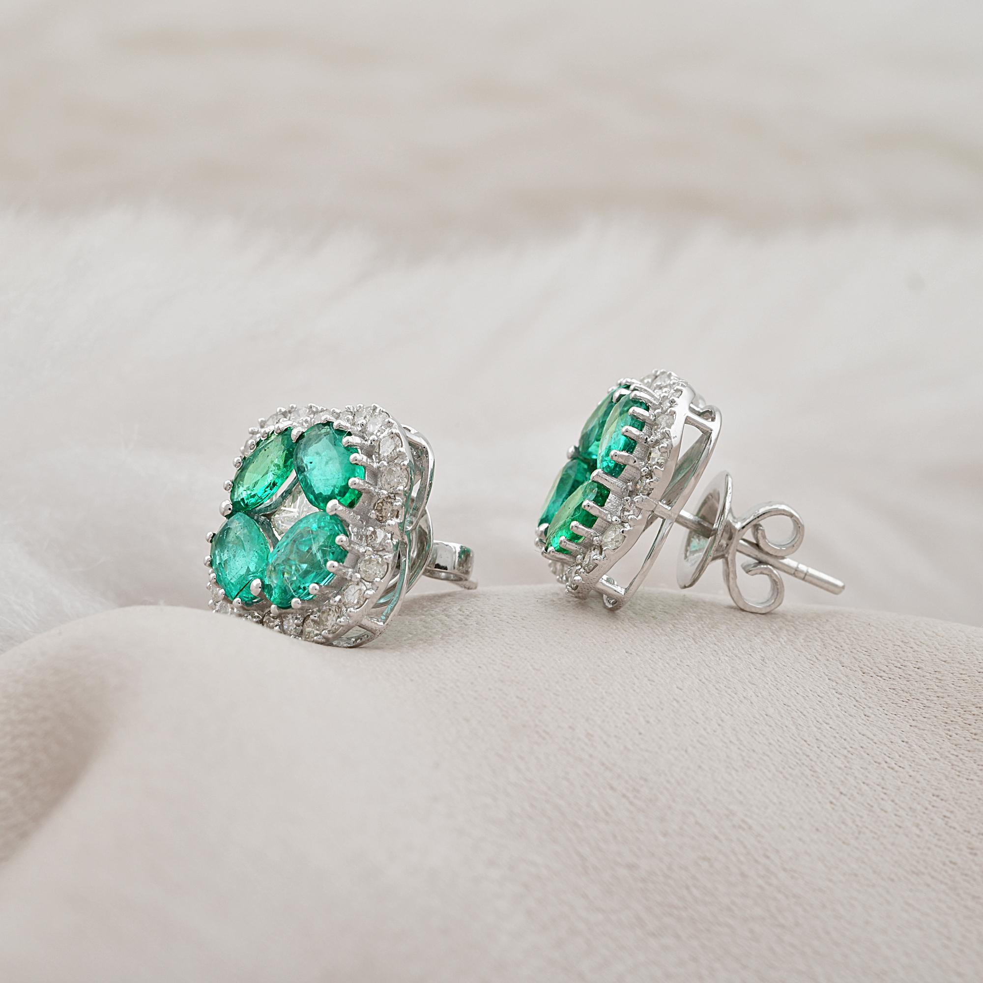 Modern Oval Natural Emerald Clover Stud Earrings Diamond Pave 18k White Gold Jewelry For Sale