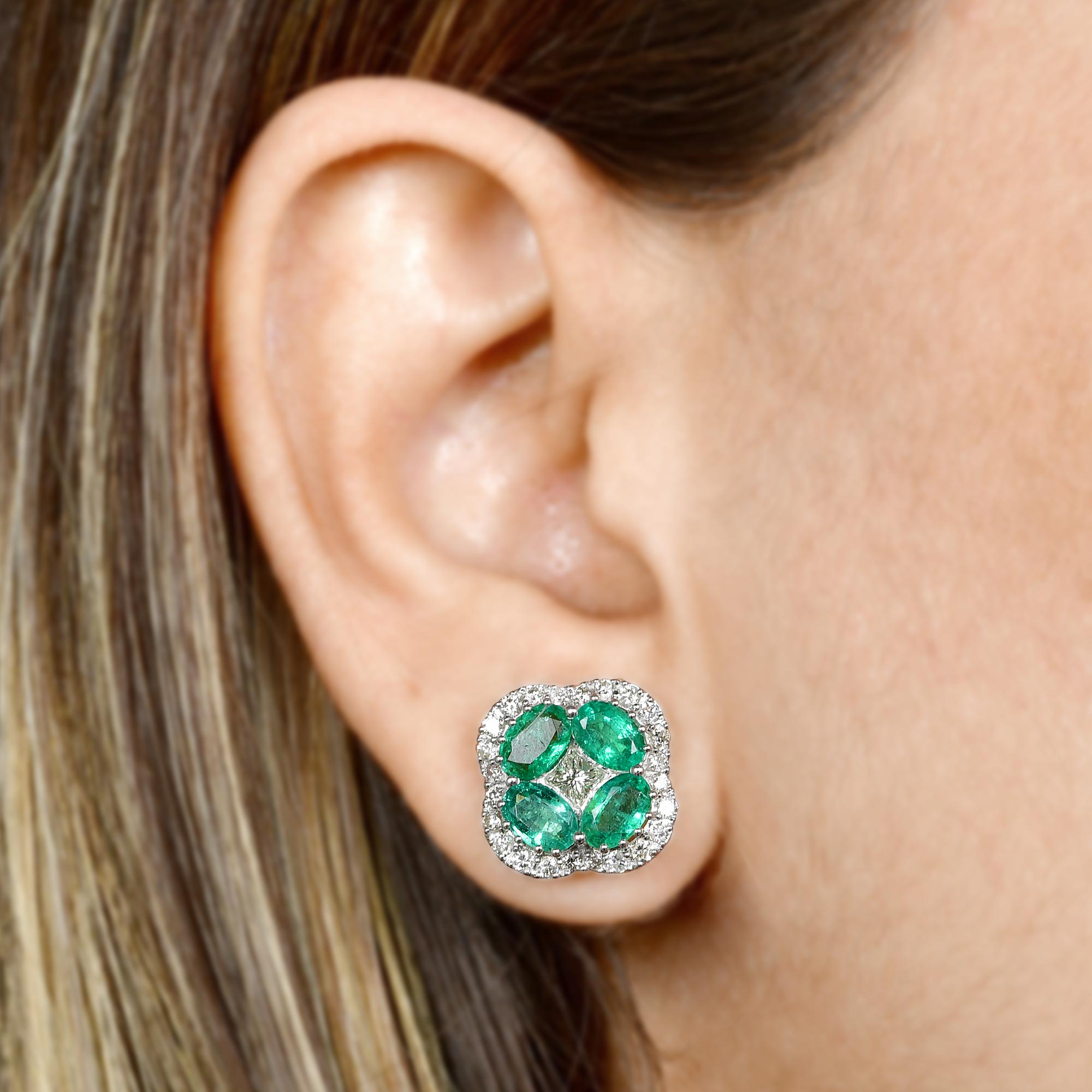 Oval Cut Oval Natural Emerald Clover Stud Earrings Diamond Pave 18k White Gold Jewelry For Sale