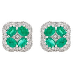 Oval Natural Emerald Clover Stud Earrings Diamond Pave 18k White Gold Jewelry