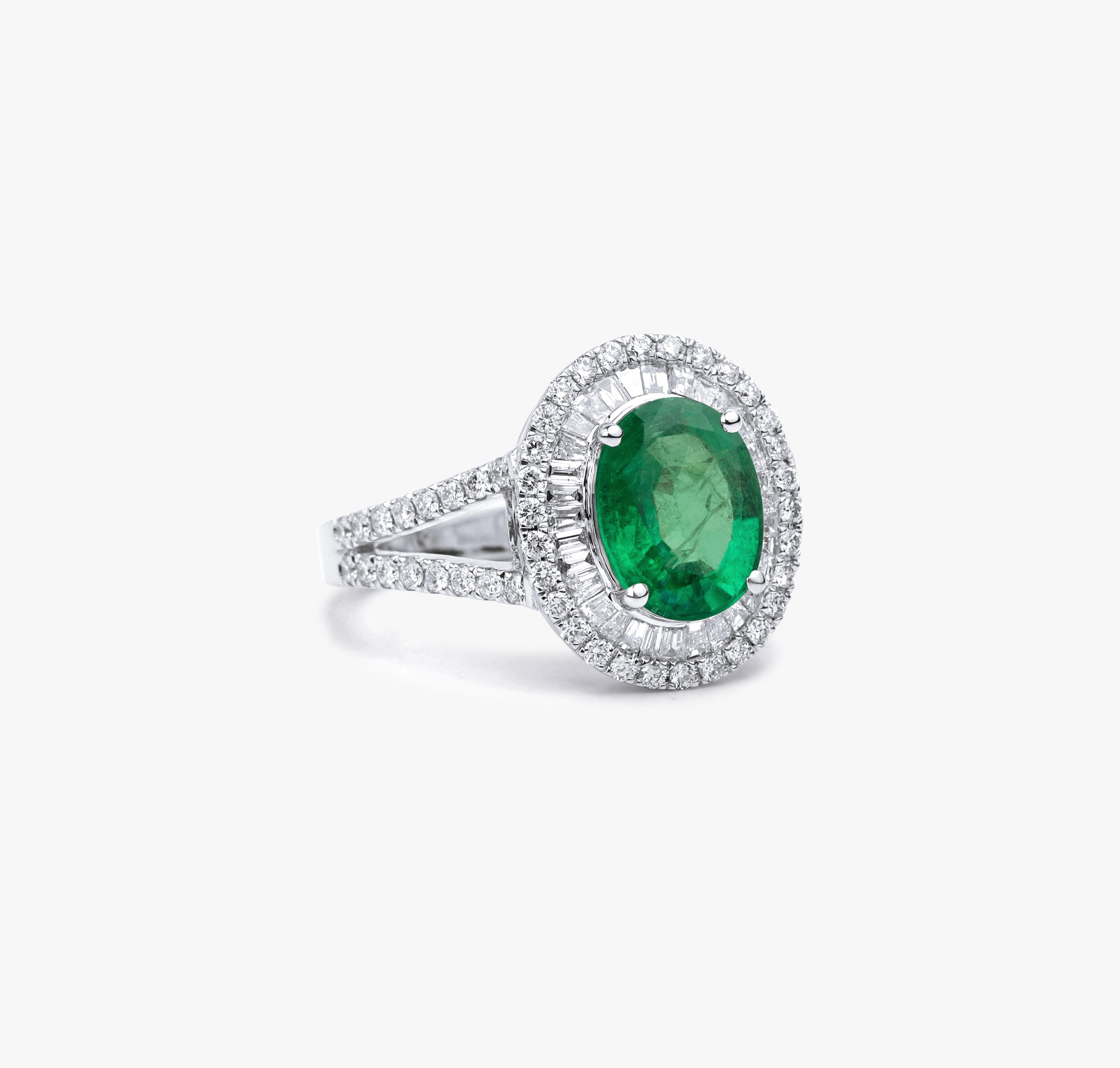 Art Deco Oval Natural Emerald Diamond Double Halo Cocktail Engagement Ring 18k White Gold For Sale