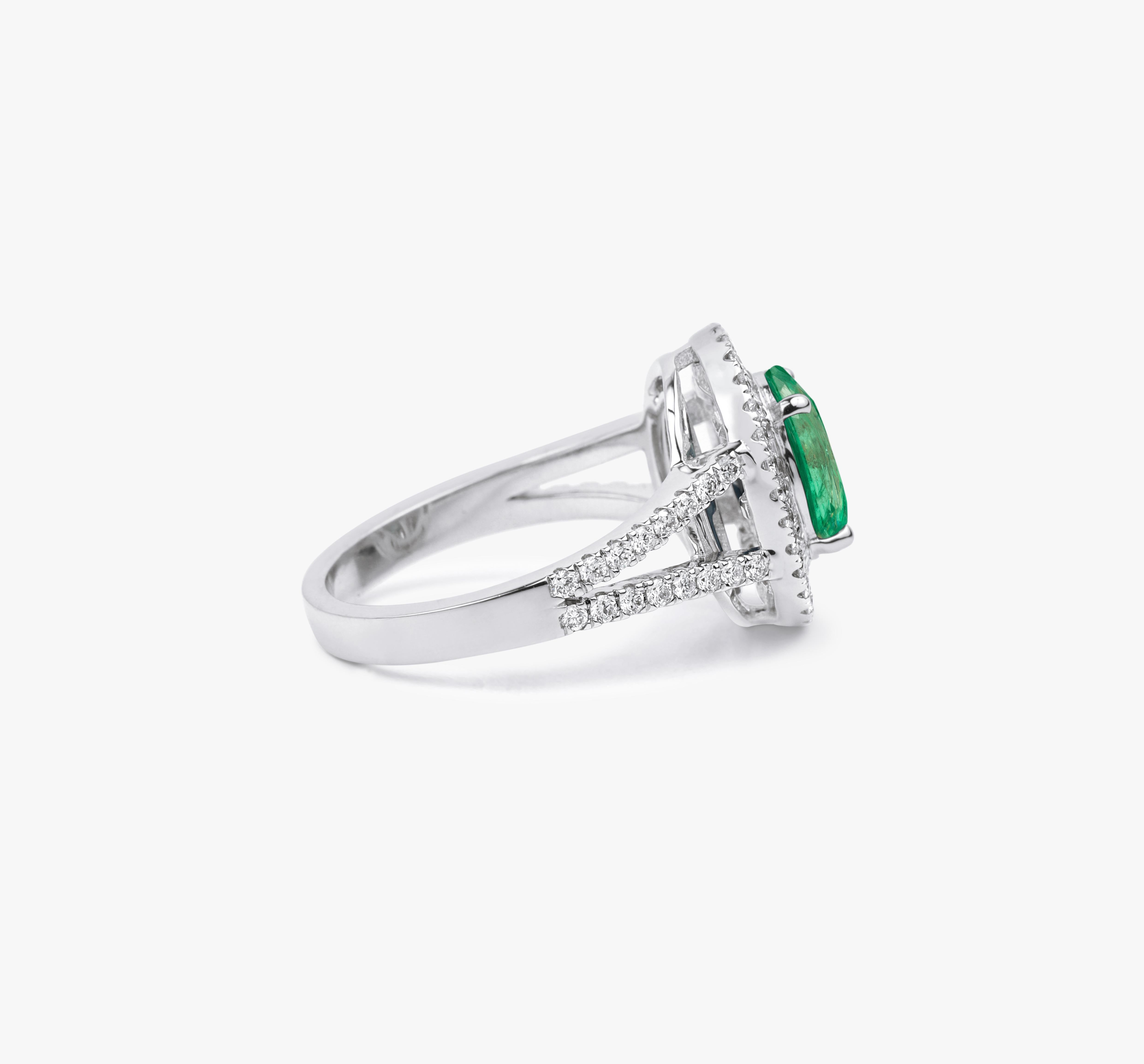 Oval Cut Oval Natural Emerald Diamond Double Halo Cocktail Engagement Ring 18k White Gold For Sale