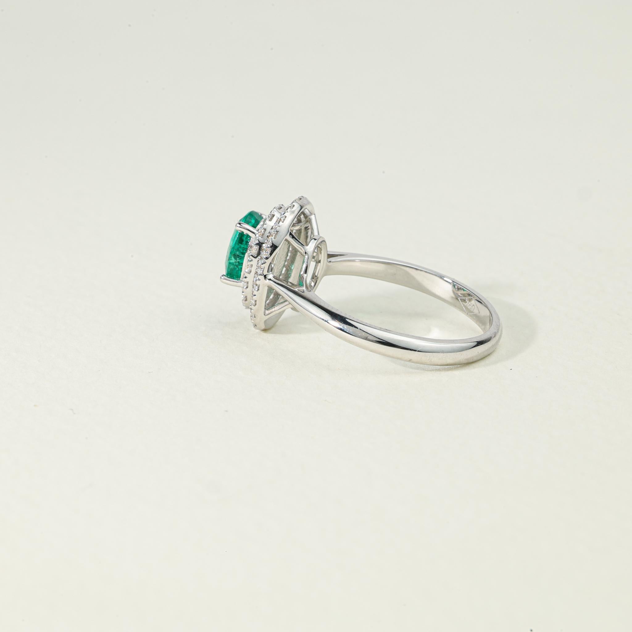 Women's Oval Natural Emerald Diamond Double Halo Cocktail Engagement Ring 18k White Gold For Sale