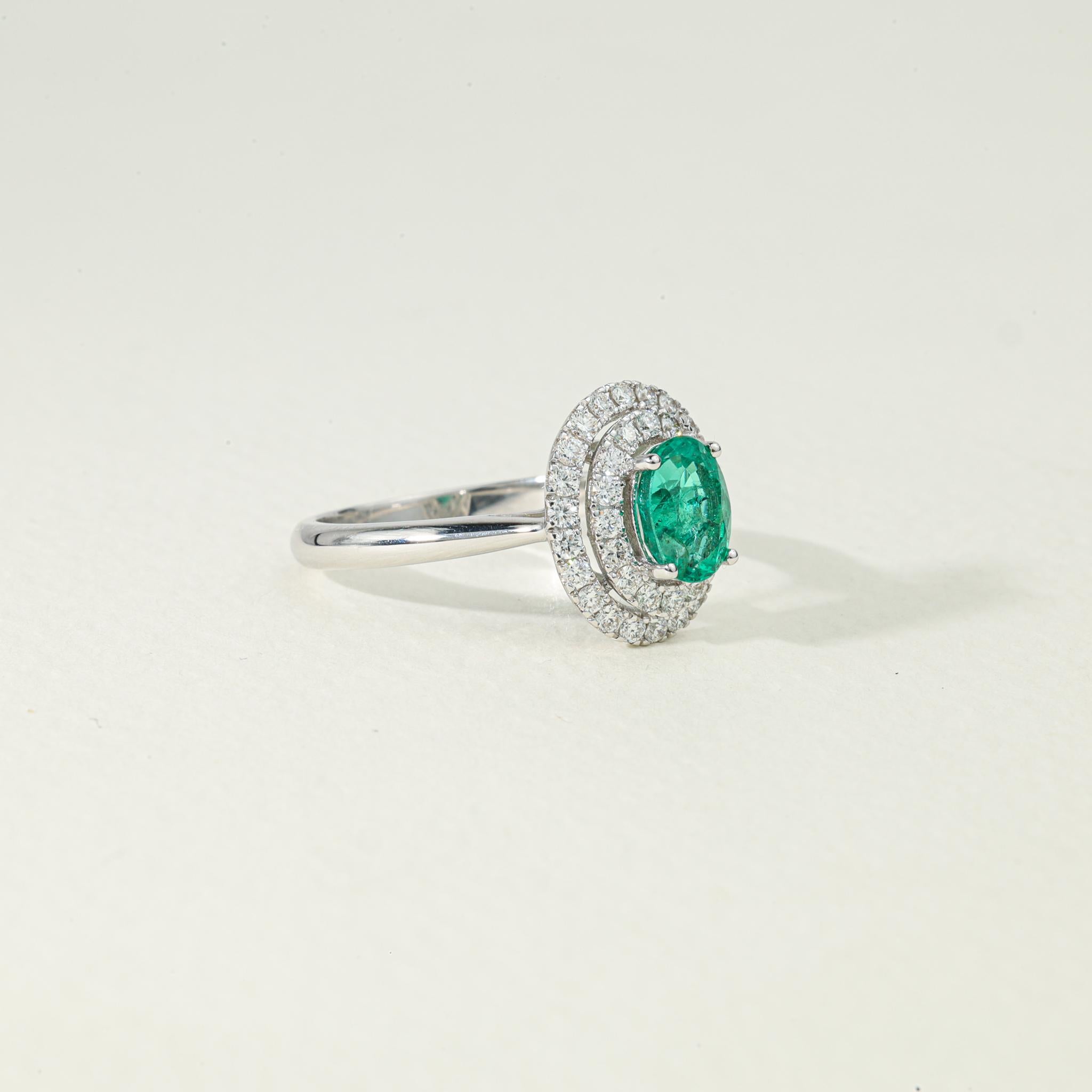 Oval Natural Emerald Diamond Double Halo Cocktail Engagement Ring 18k White Gold For Sale 3