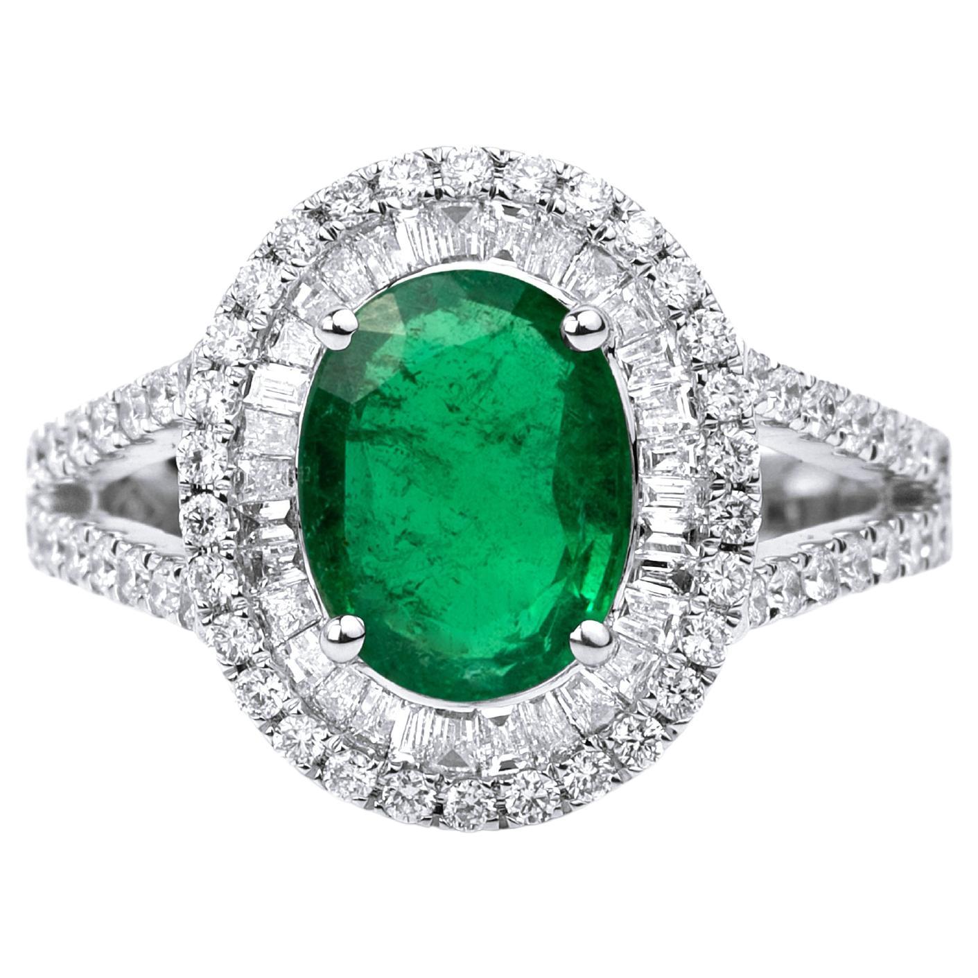 Oval Natural Emerald Diamond Double Halo Cocktail Engagement Ring 18k White Gold For Sale