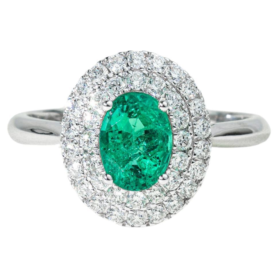Oval Natural Emerald Diamond Double Halo Cocktail Engagement Ring 18k White Gold For Sale