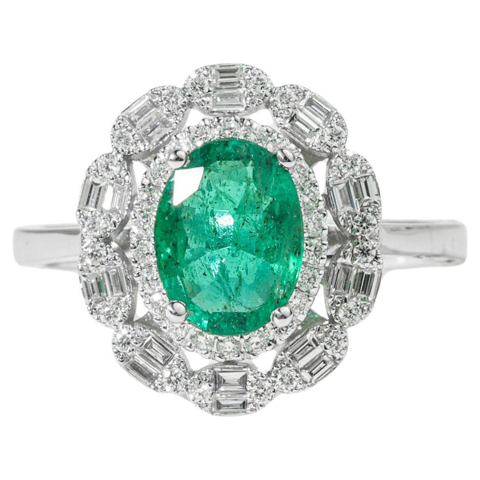 Oval Natural Emerald Diamond Double Halo Cocktail Engagement Ring 18k White Gold For Sale