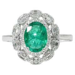 Oval Natural Emerald Diamond Double Halo Cocktail Engagement Ring 18k White Gold