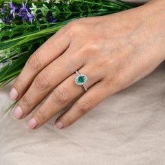 Oval Natural Emerald Diamond Halo Engagement Ring 18 Karat White Gold