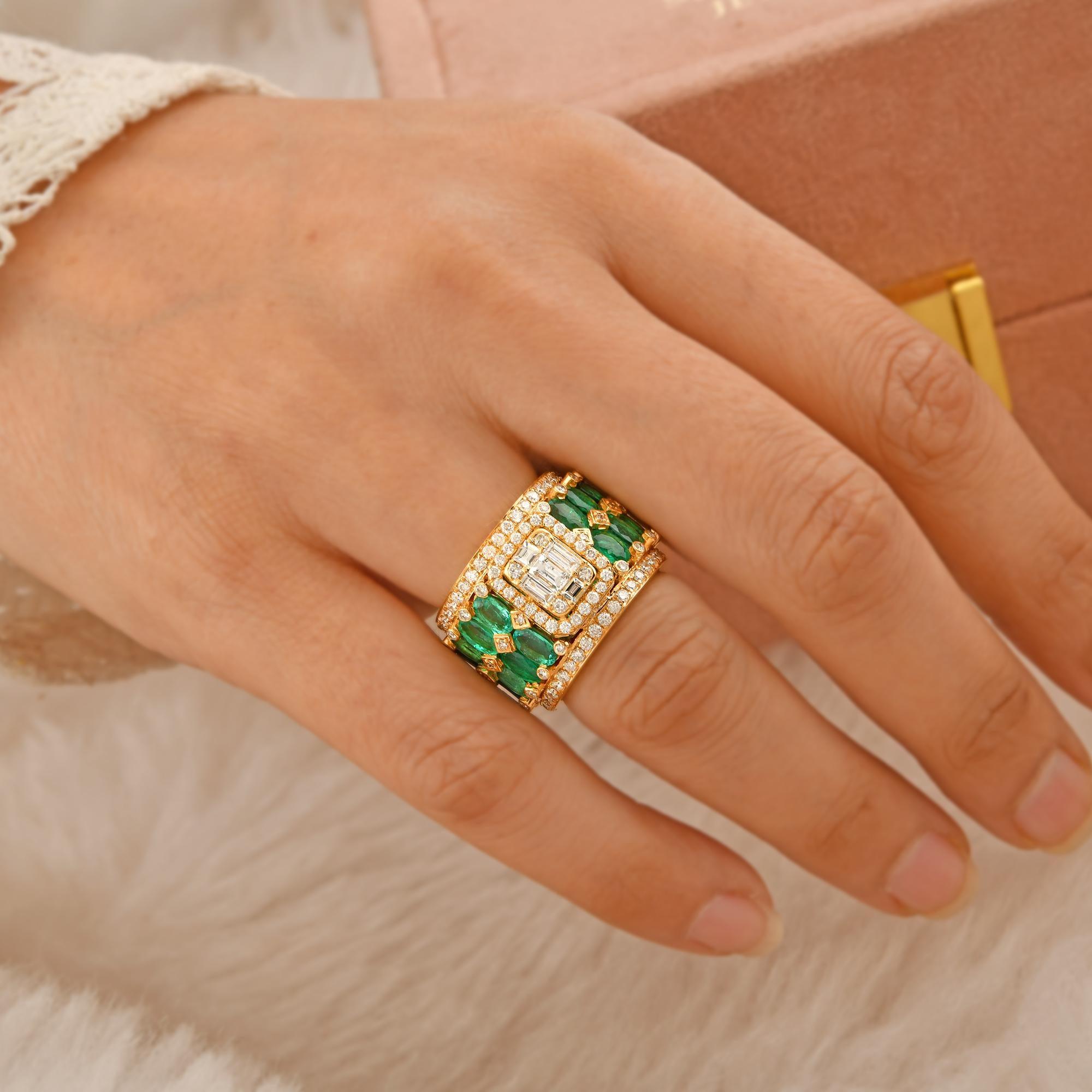 Im Angebot: Ovaler natürlicher Smaragd-Edelstein-Ring Baguette-Diamant 18k Weißgold Schmuck () 5