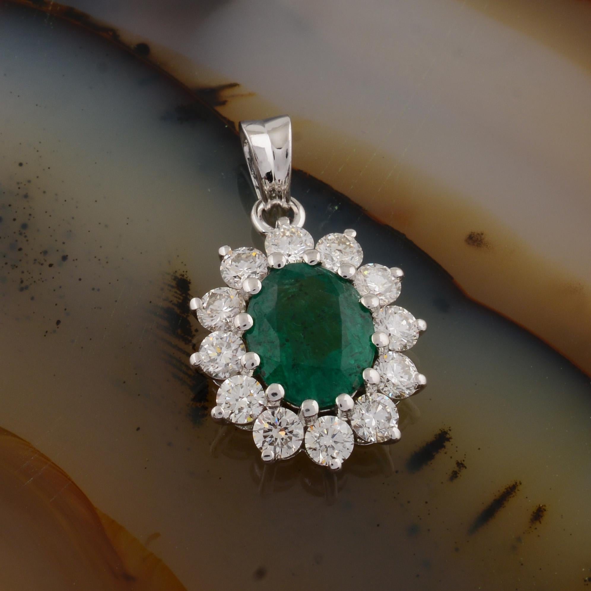 Modern Oval Natural Emerald Gemstone Charm Pendant Diamond 14 Karat White Gold Jewelry For Sale