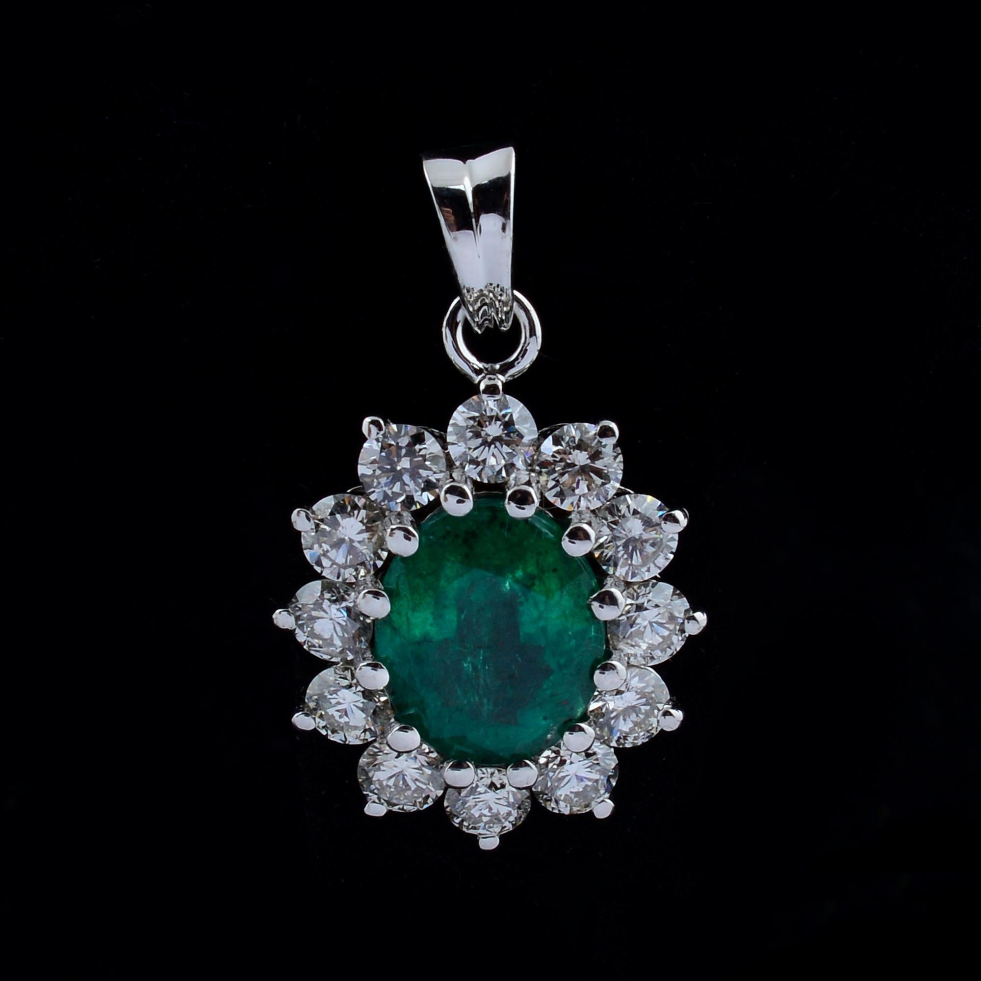 Oval Cut Oval Natural Emerald Gemstone Charm Pendant Diamond 14 Karat White Gold Jewelry For Sale