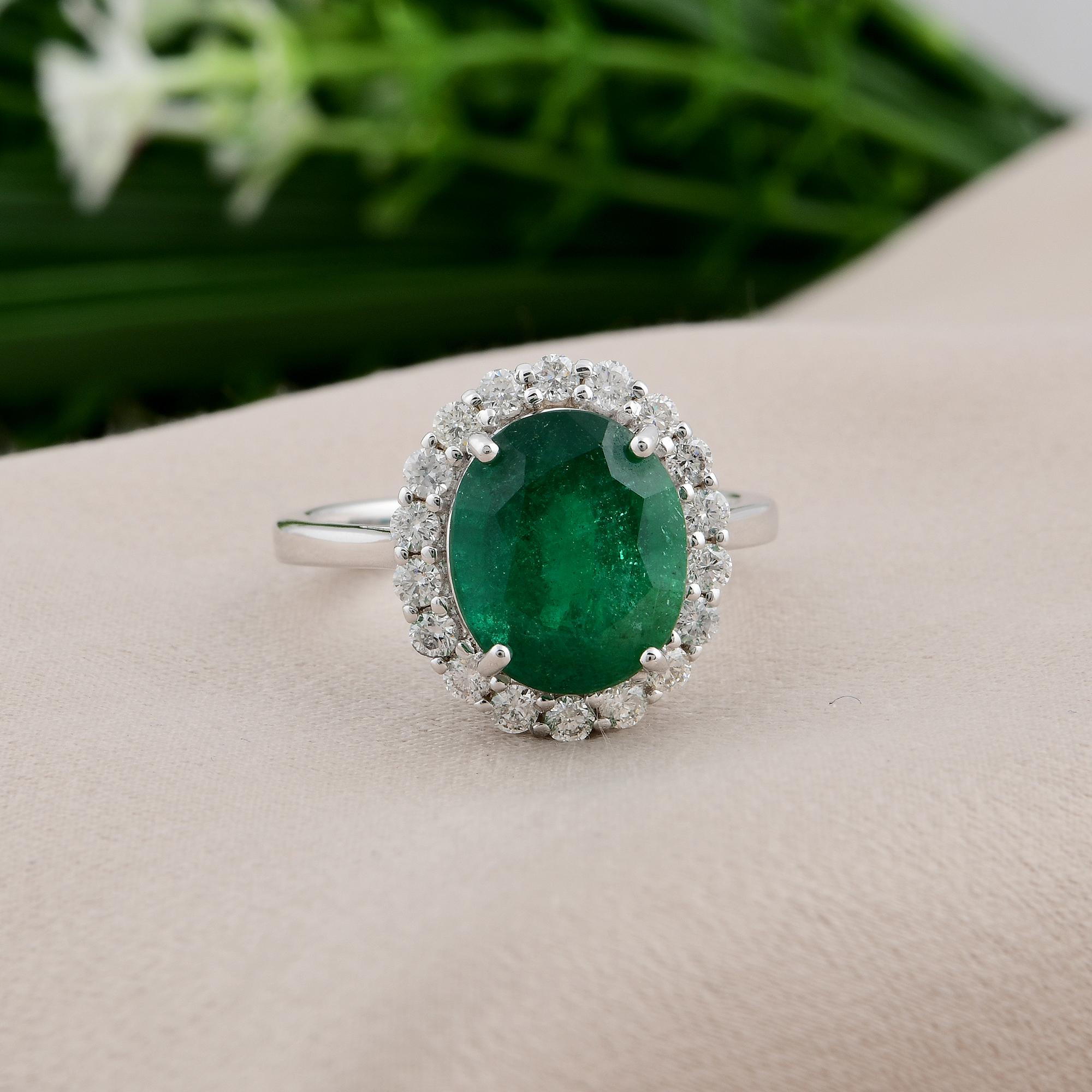 Oval Cut Oval Natural Emerald Gemstone Cocktail Ring Diamond 14 Karat White Gold Jewelry For Sale