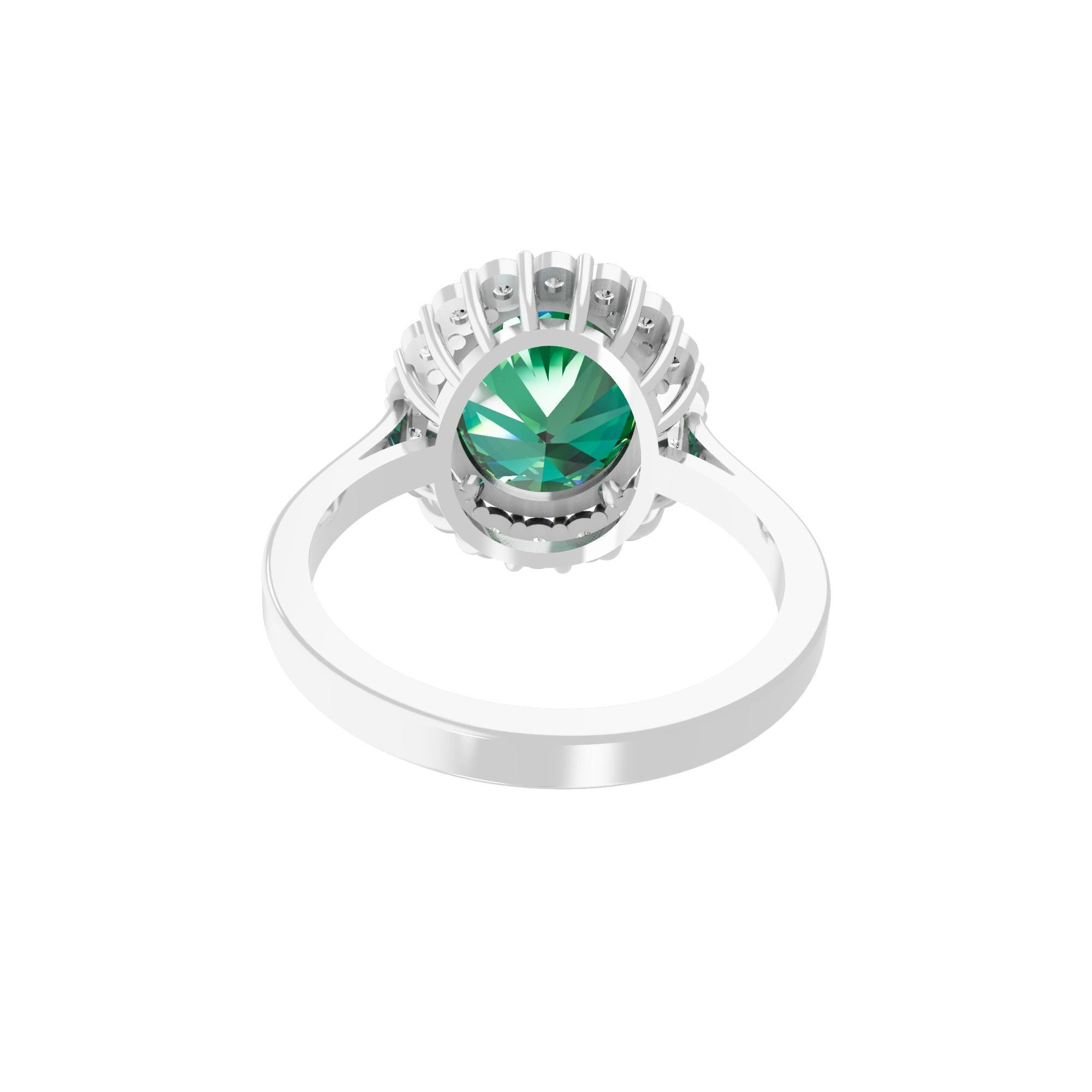 Ovaler natürlicher Smaragd-Edelstein-Cocktailring mit Diamant aus 14 Karat Weißgold im Angebot 1