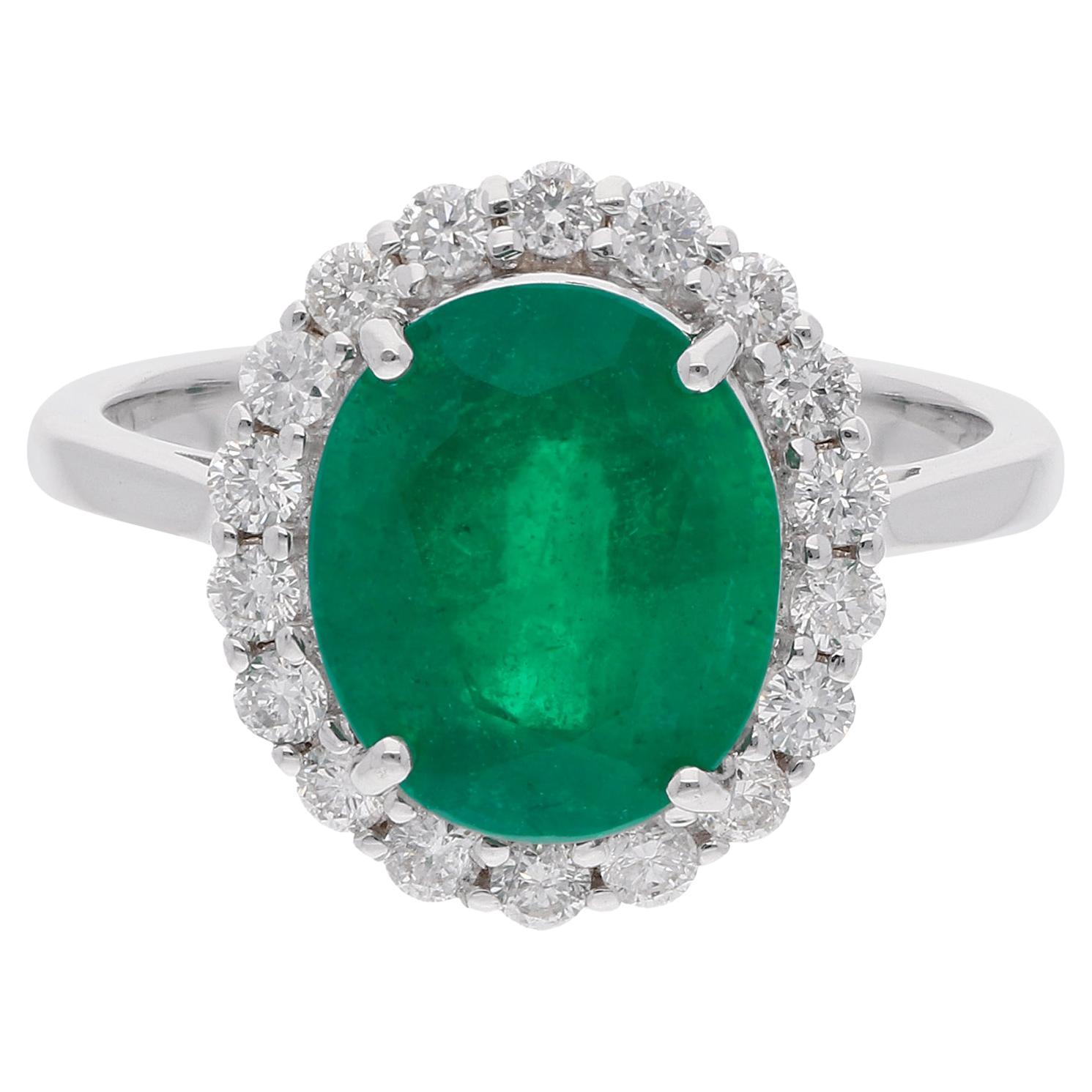 Oval Natural Emerald Gemstone Cocktail Ring Diamond 14 Karat White Gold Jewelry