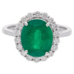 Oval Natural Emerald Gemstone Cocktail Ring Diamond 14 Karat White Gold Jewelry
