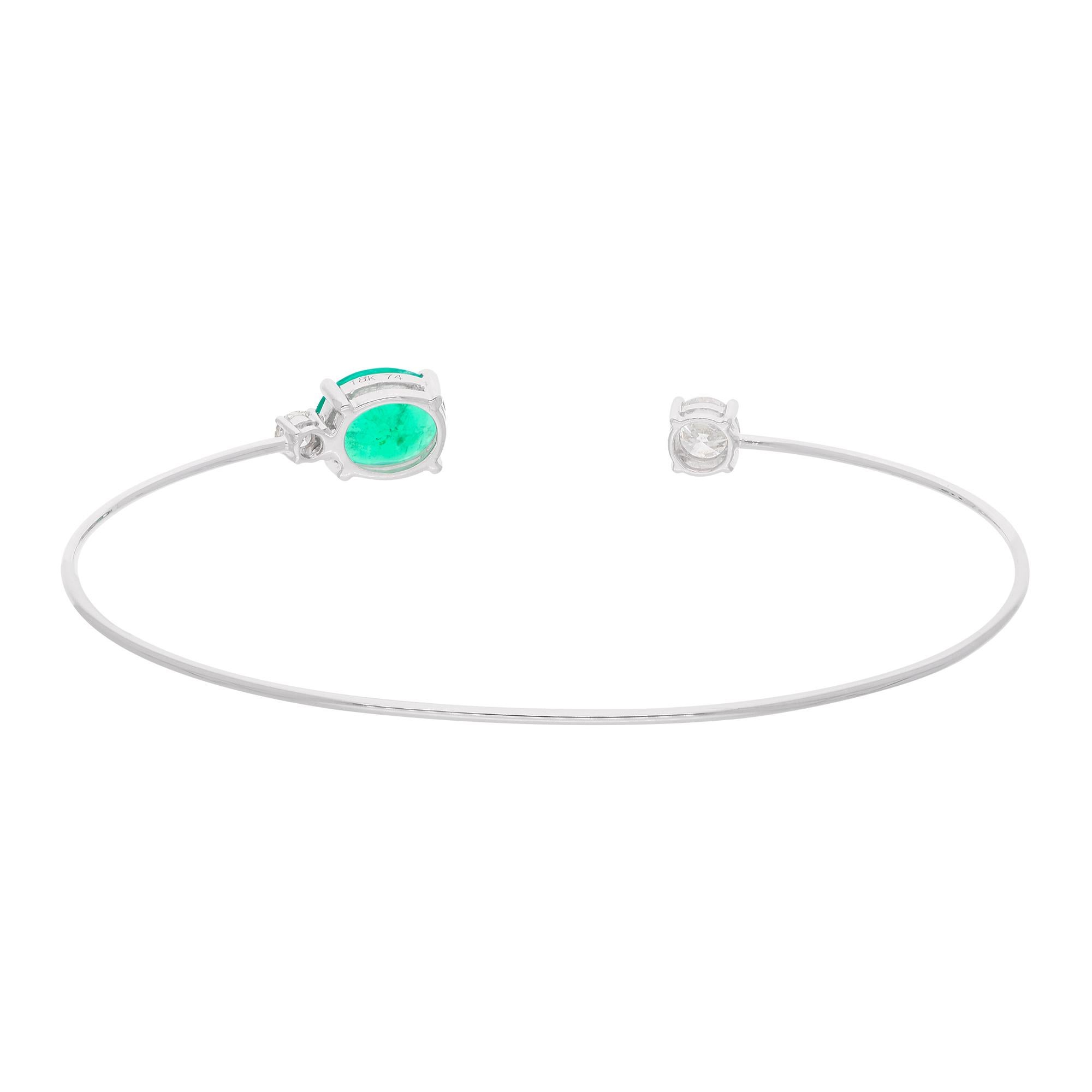 Modern Oval Natural Emerald Gemstone Cuff Bangle Bracelet Diamond 18 Karat White Gold For Sale