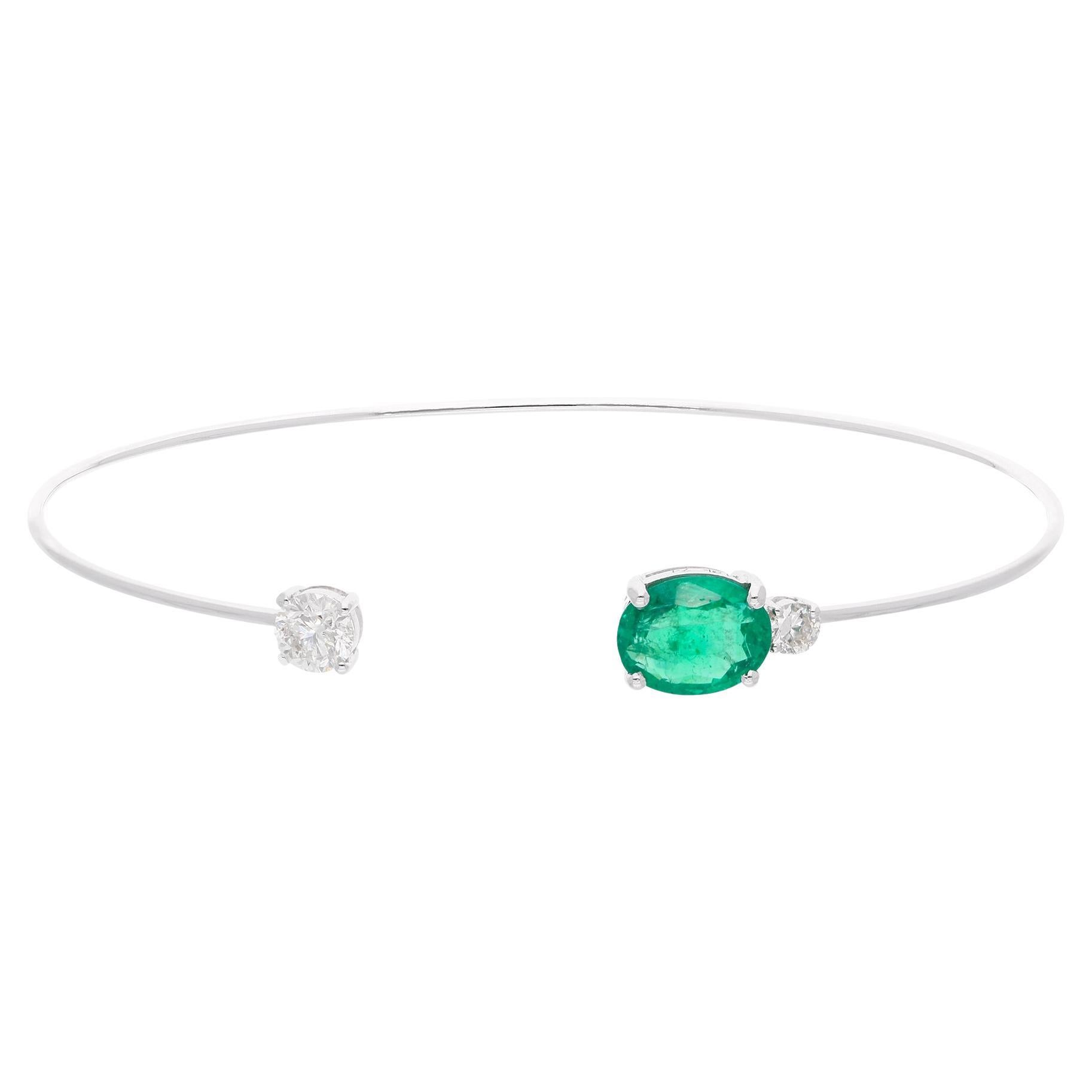 Oval Natural Emerald Gemstone Cuff Bangle Bracelet Diamond 18 Karat White Gold For Sale