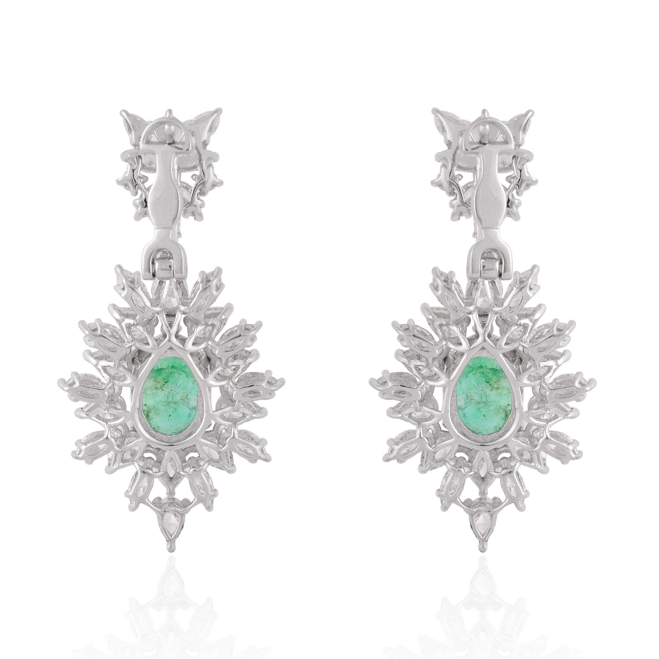 Women's Natural Oval Emerald Gemstone Dangle Earrings Diamond 14k White Gold Jewelry For Sale
