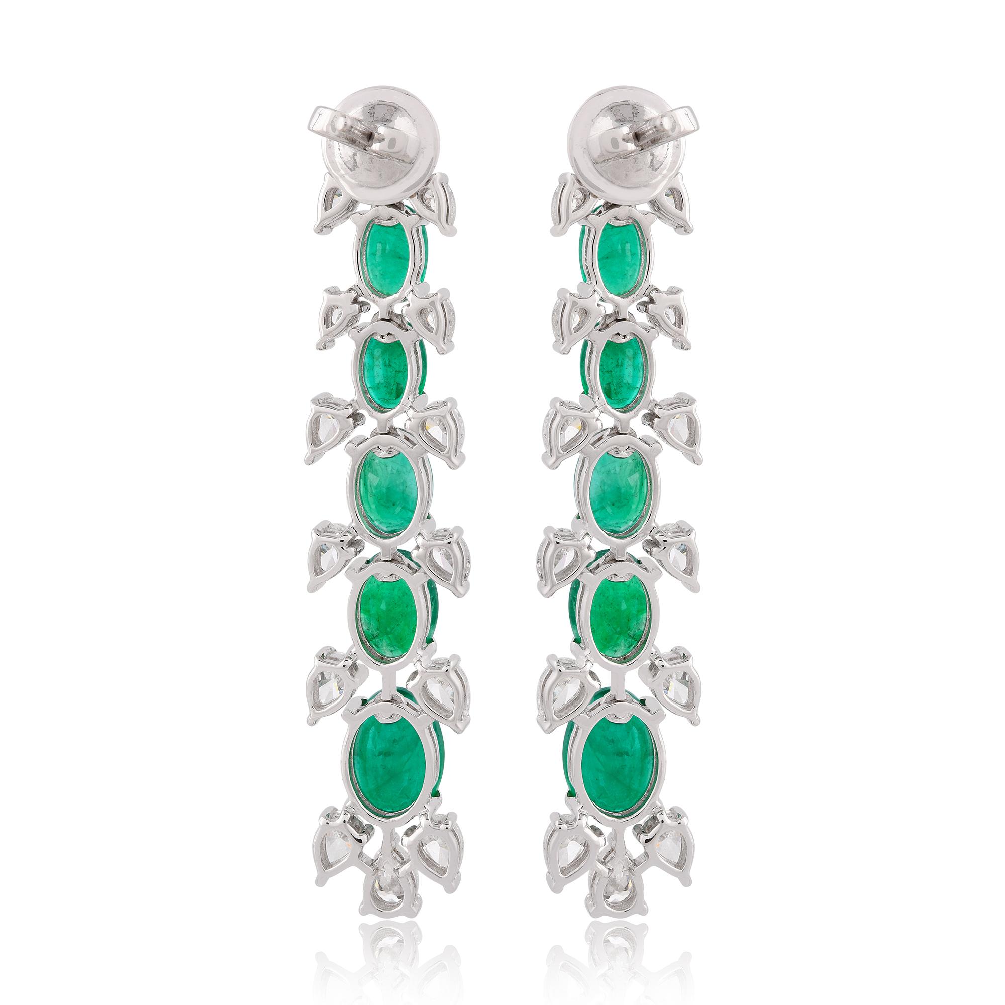 Women's Oval Natural Emerald Gemstone Dangle Earrings Pear Diamond 18 Karat White Gold For Sale