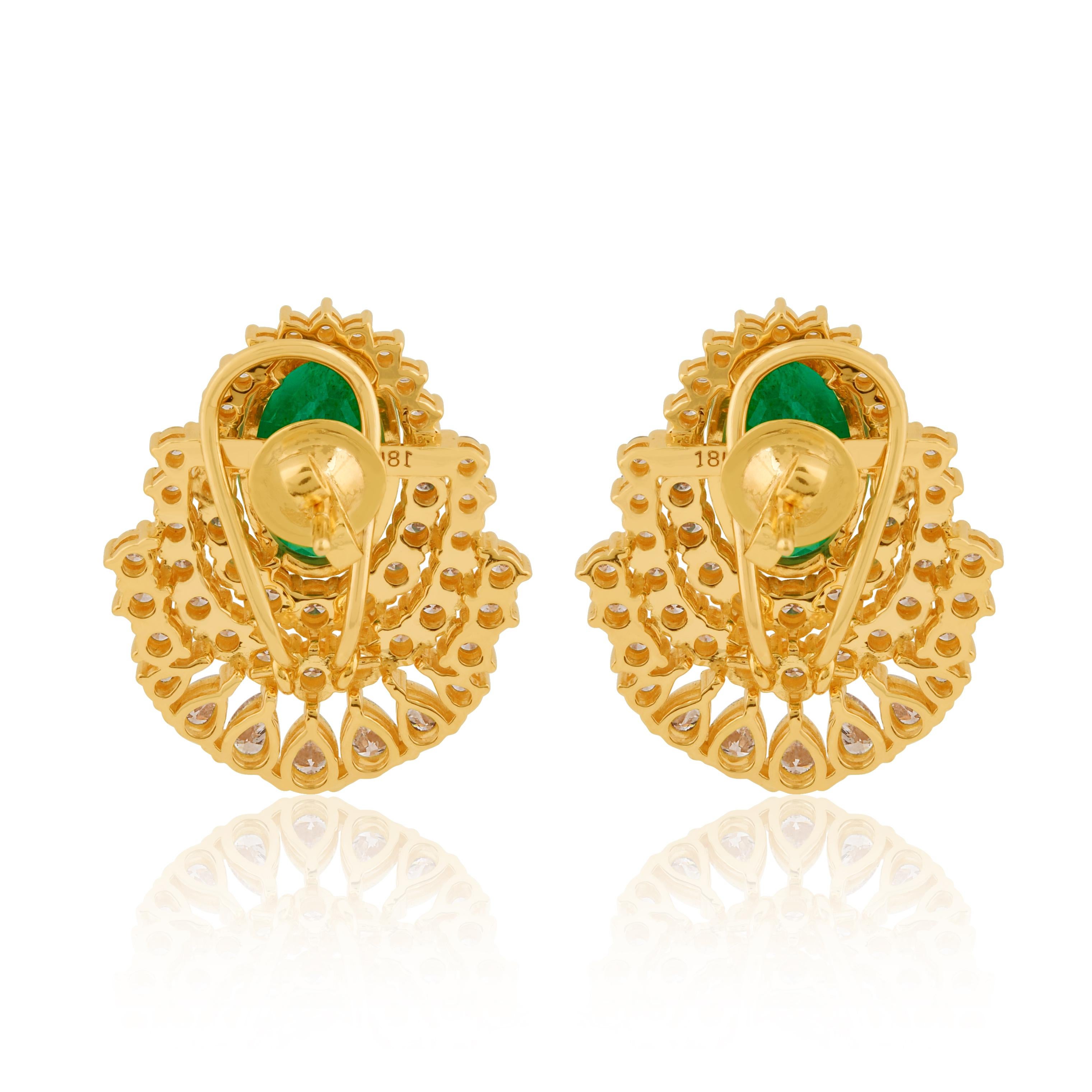 Oval Zambian Emerald Gemstone Earrings Pear Diamond 14k Yellow Gold Fine Jewelry For Sale 1
