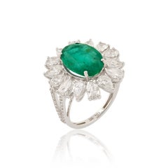 Oval Natural Emerald Gemstone Flower Ring Pear Diamond 18k White Gold Jewelry